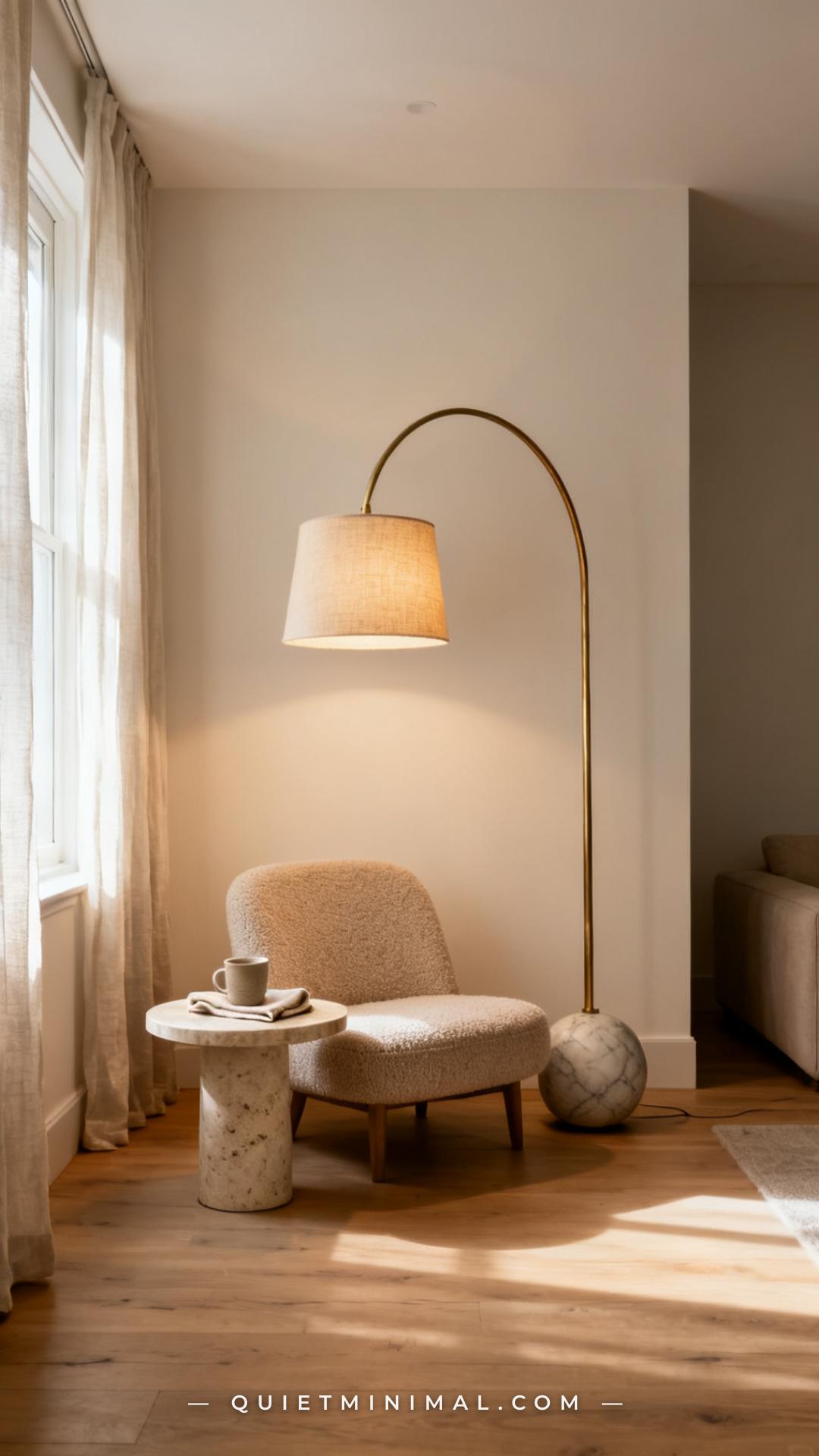 A vertical photograph captures the full height of a cozy minimalist living room corner anchored by a tall arched floor l