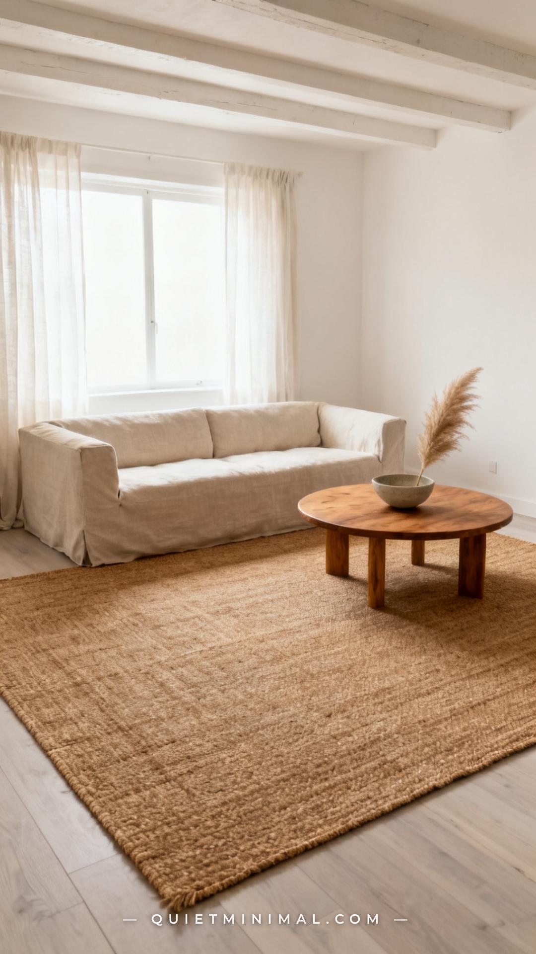 A wide-angle view of a cozy minimalist living room showing the full floor plane