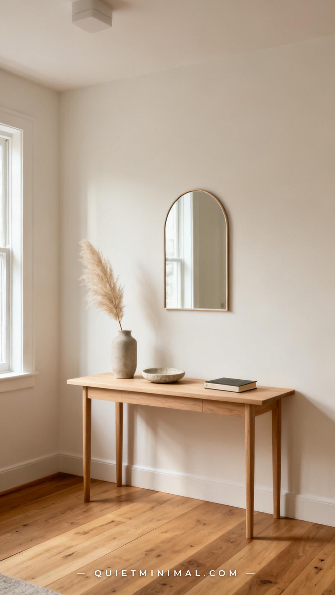 A vertical photograph captures the full surface of a cozy minimalist console table against a warm off-white wall