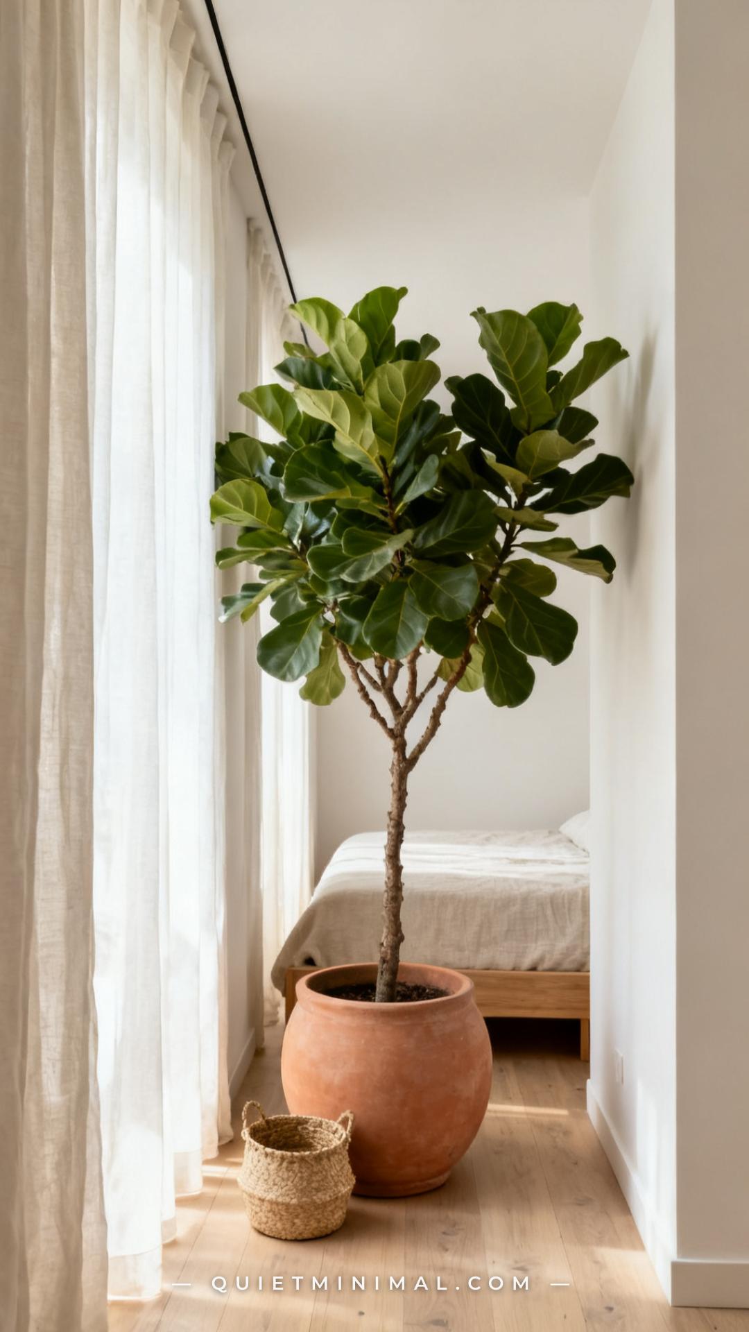 A medium-wide composition showing the full context of a cozy minimalist bedroom corner