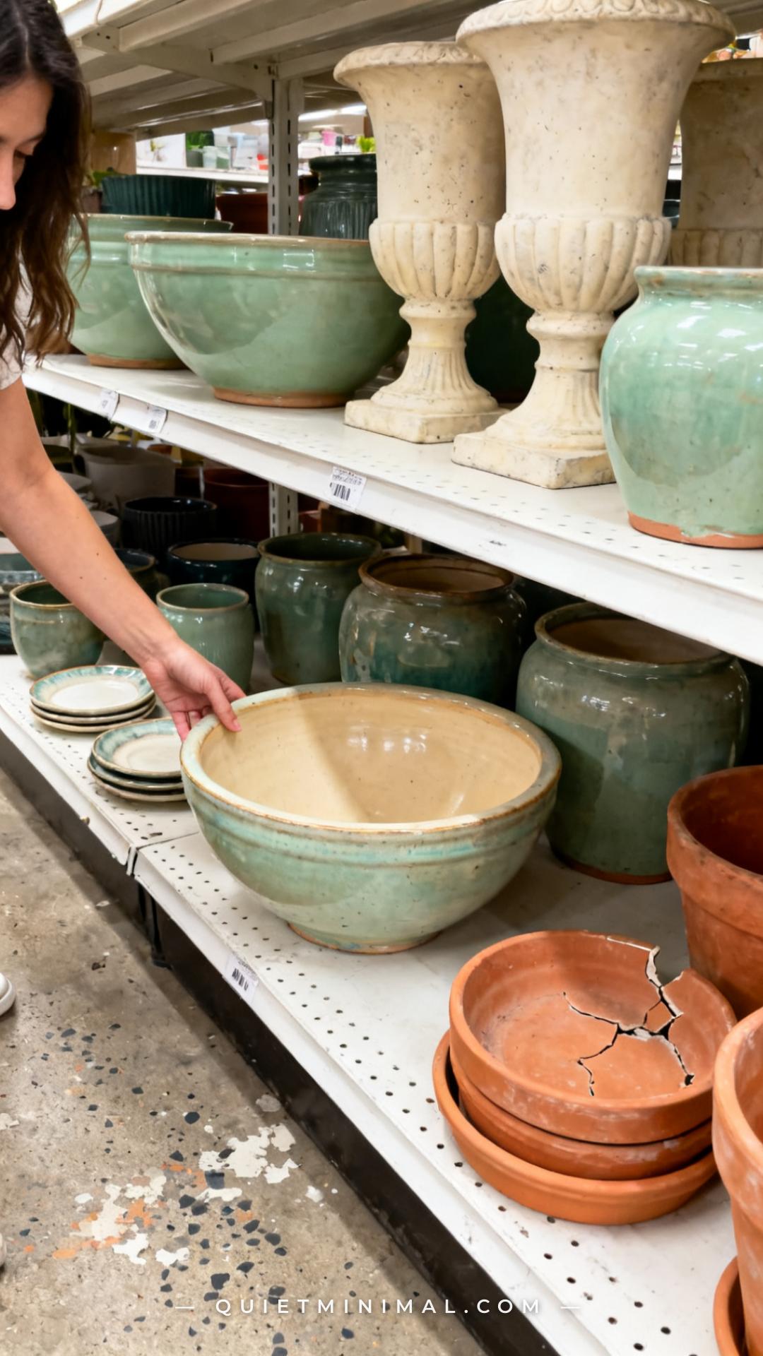 A wide-angle view of a white-painted thrift store shelf lined with secondhand ceramic and stoneware planters in various