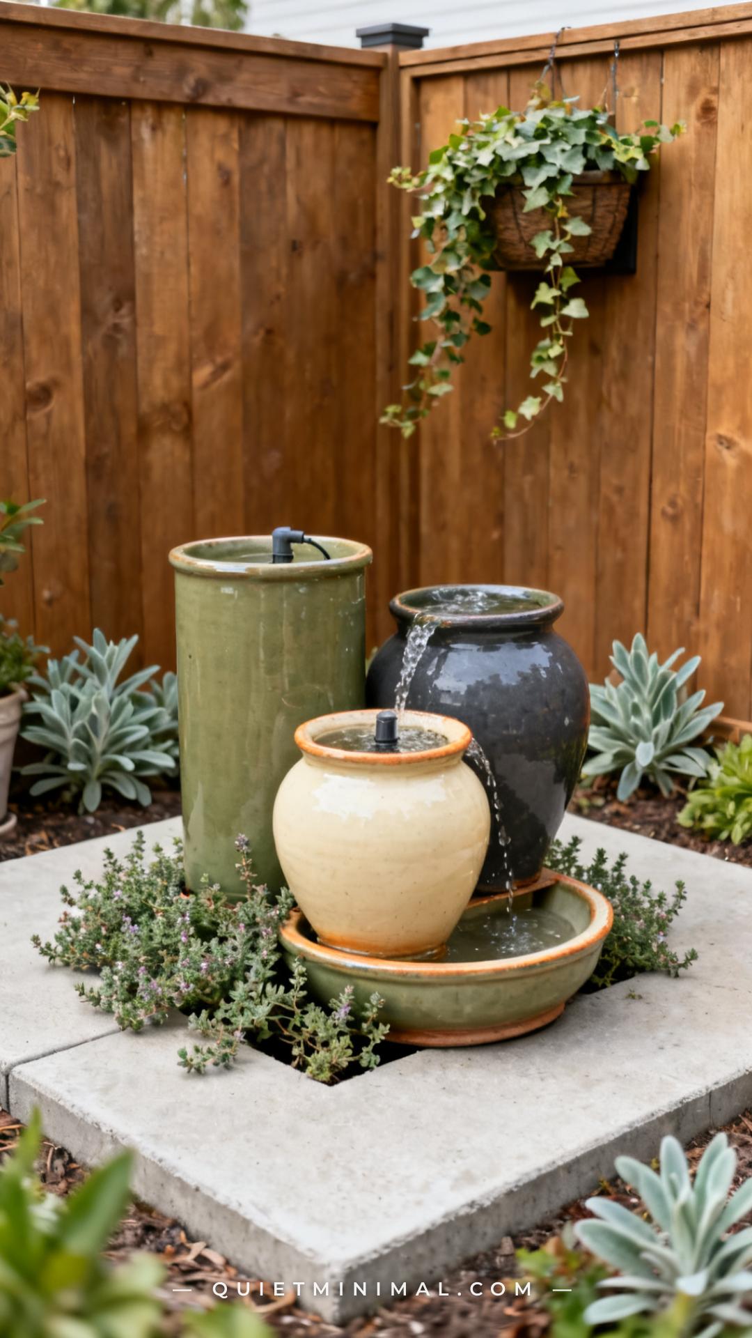 A wide-angle view of a patio corner styled with a cluster fountain made from three thrifted glazed ceramic pots of diffe
