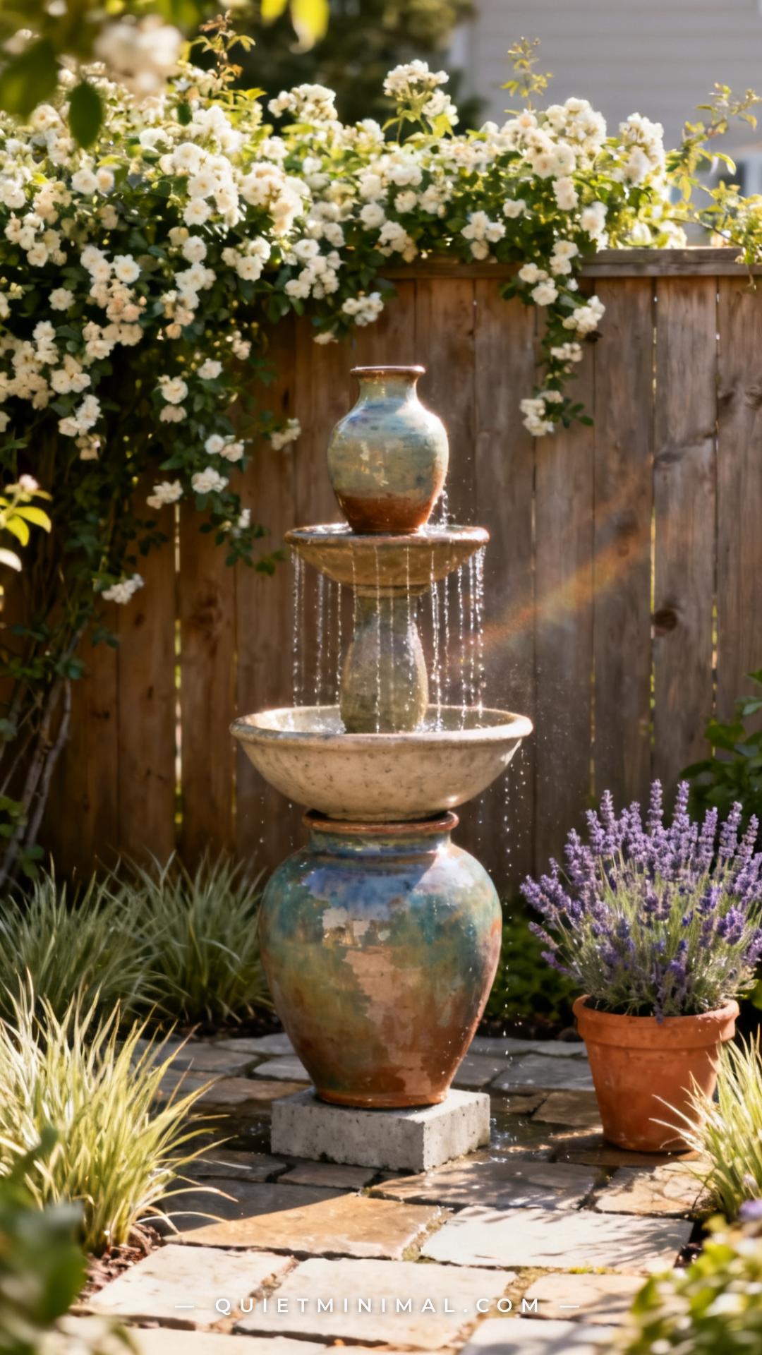 A vertical photograph captures a three-tier stacked urn fountain standing on a flagstone patio surrounded by low ornamen