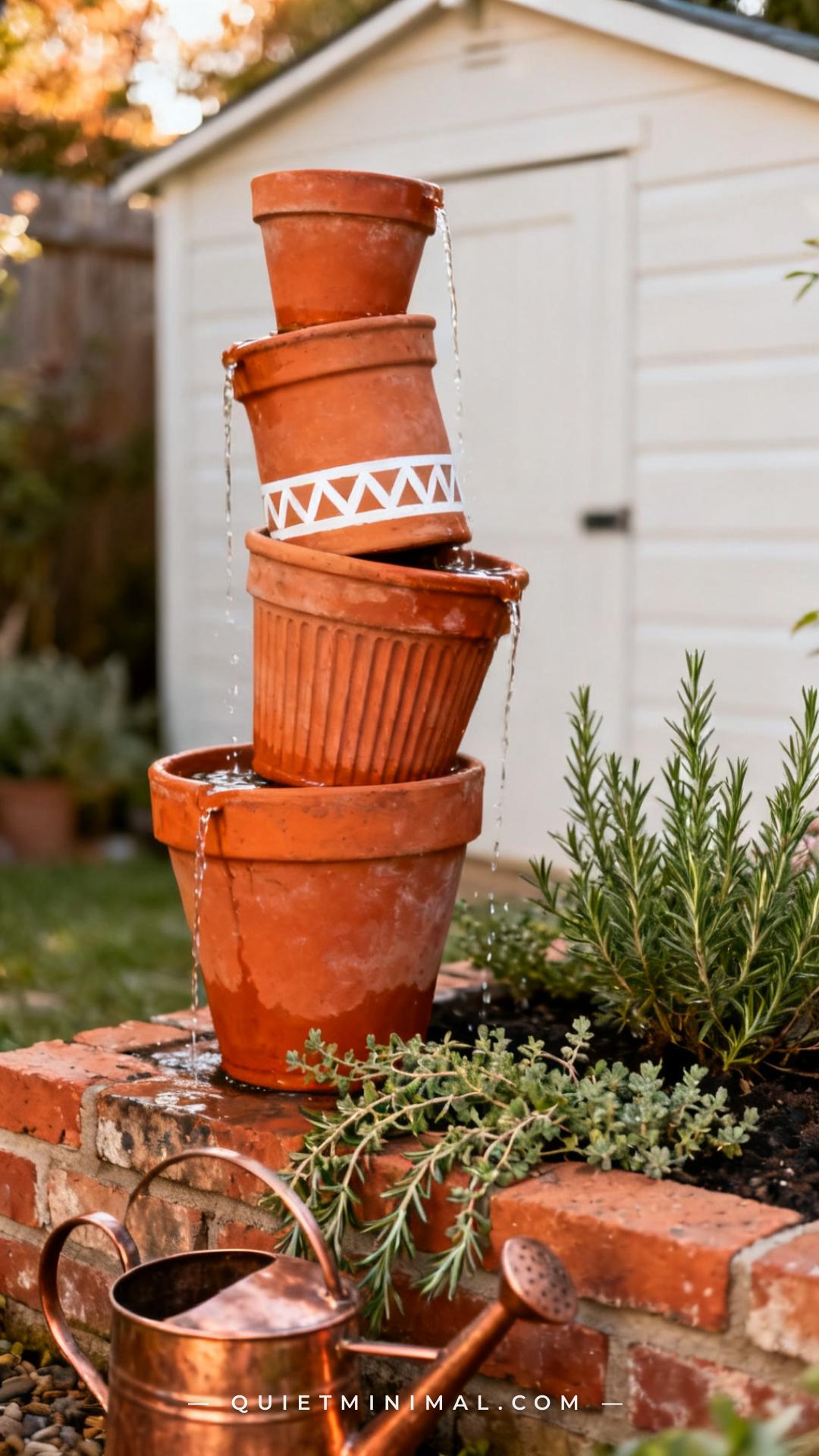 A wide-angle view of a backyard garden corner featuring a stacked terracotta pot tower fountain built from four mismatch