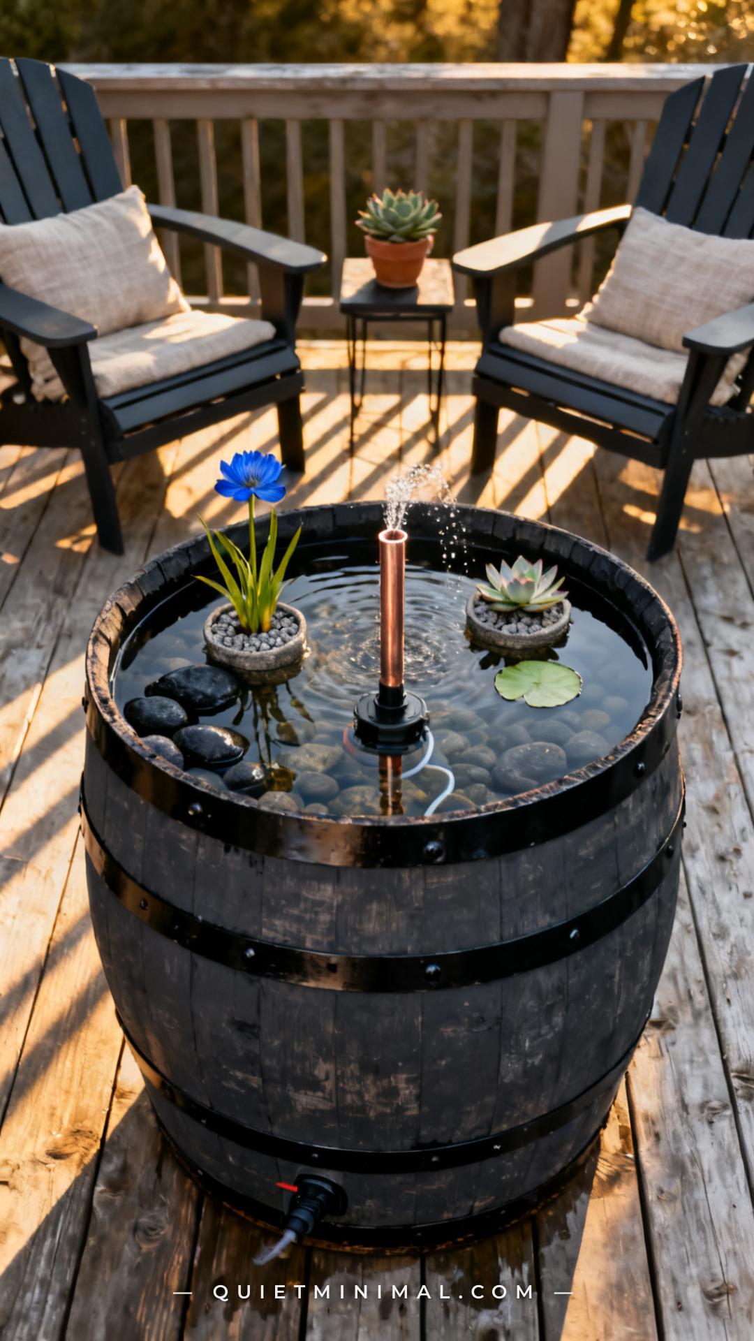 A medium-wide composition showing a half whiskey barrel planter fountain on a weathered wooden deck