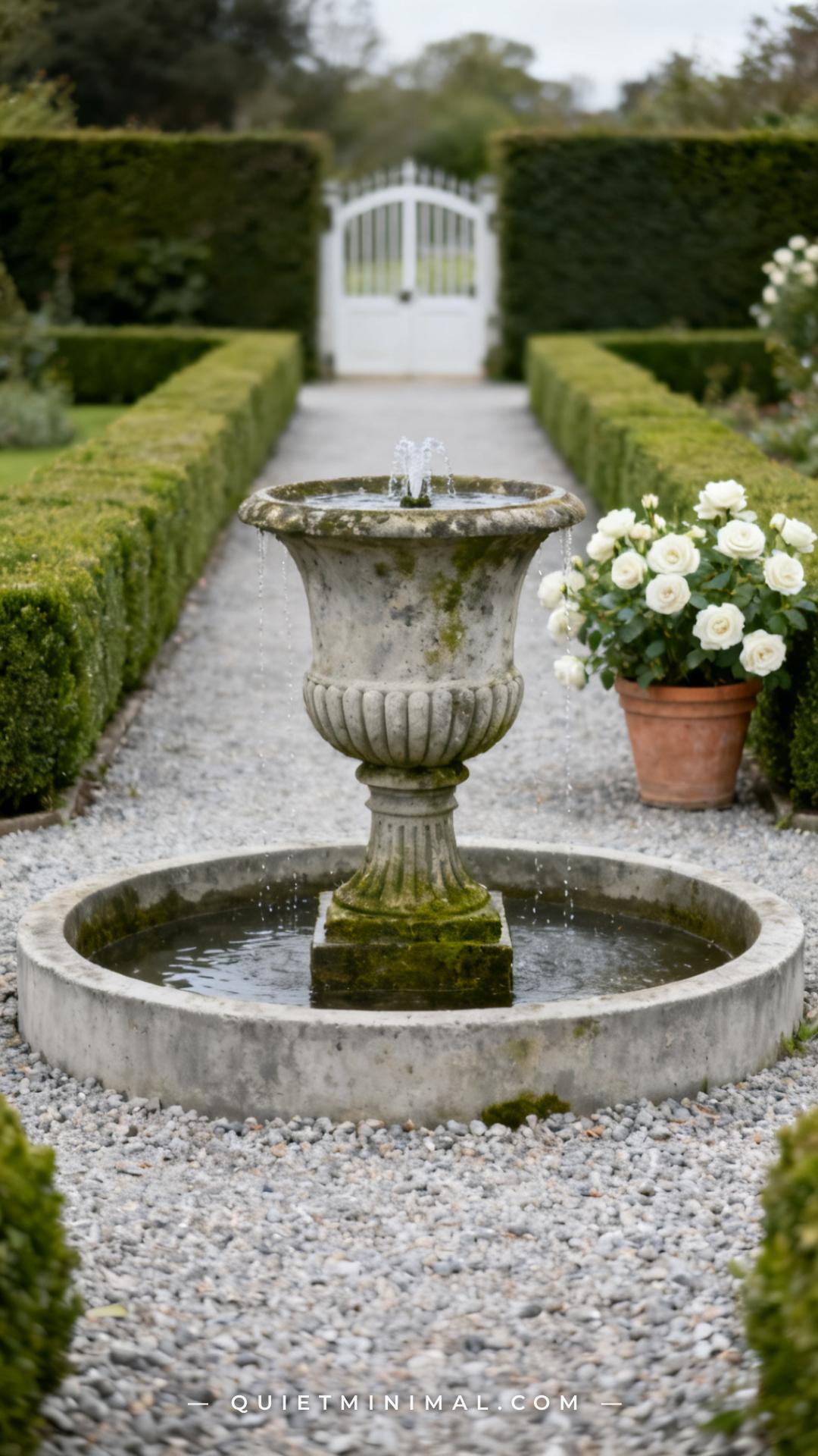 A vertical photograph captures a weathered concrete garden urn fountain positioned at the center of a formal garden path