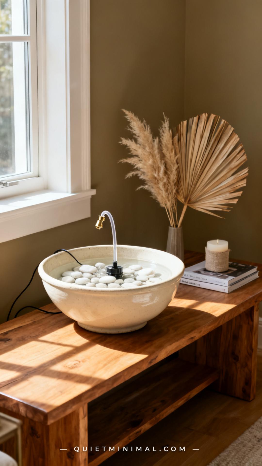 A medium-wide composition showing a small indoor tabletop fountain built from a thrifted wide