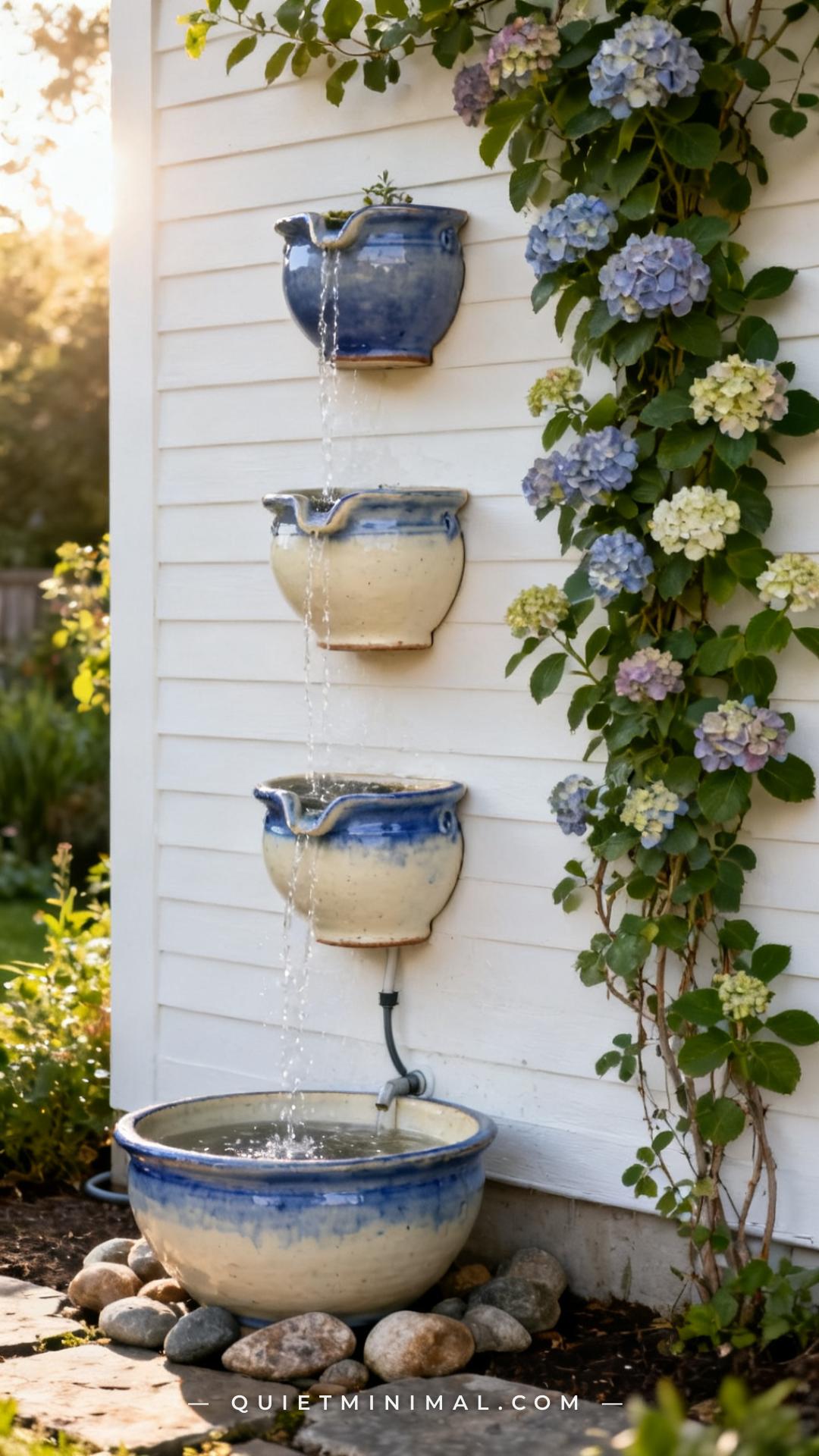 A vertical photograph captures a DIY wall-mounted fountain made from three thrifted glazed ceramic wall planters arrange