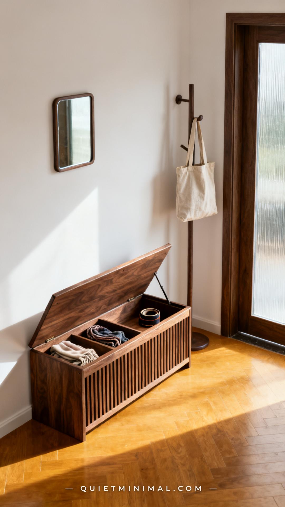 A wide-angle vertical photograph of a small entryway showing a narrow wooden lift-lid storage bench pushed against a whi