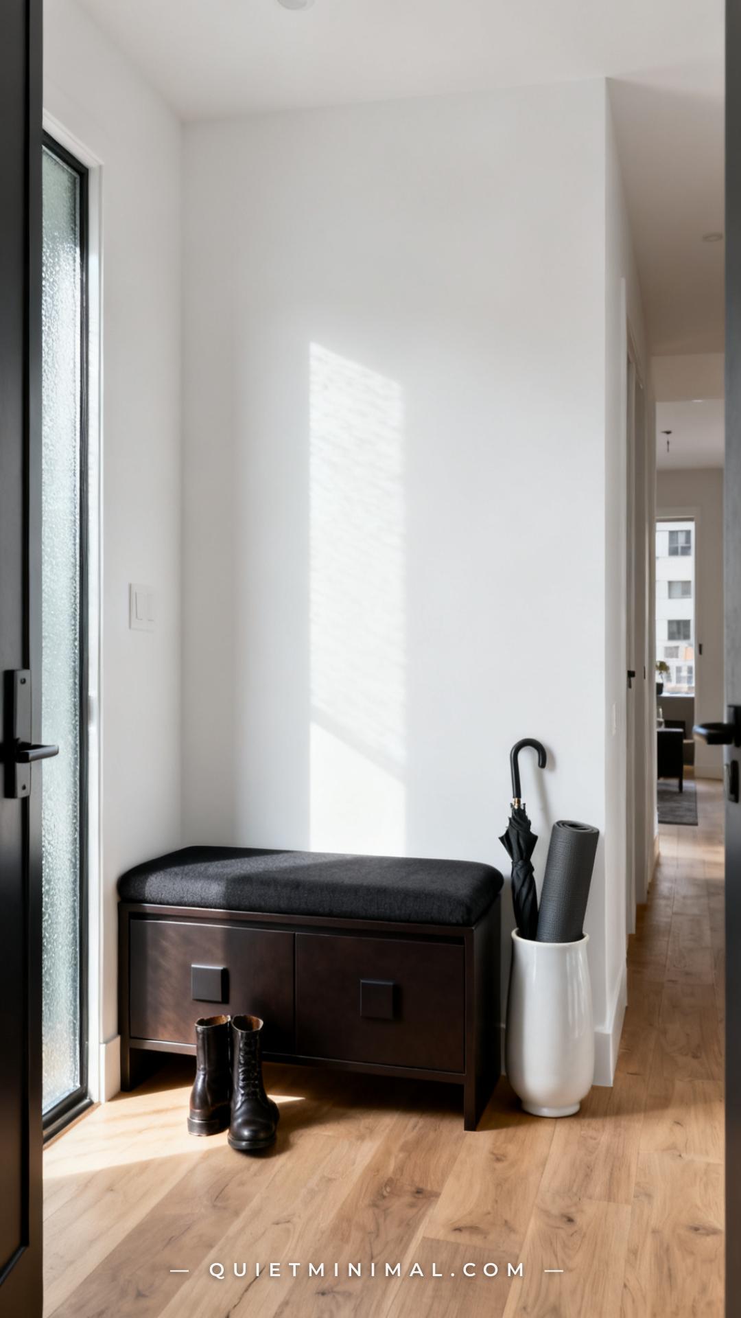 A vertical photograph of a compact apartment entryway featuring a storage bench in a deep espresso or matte charcoal woo
