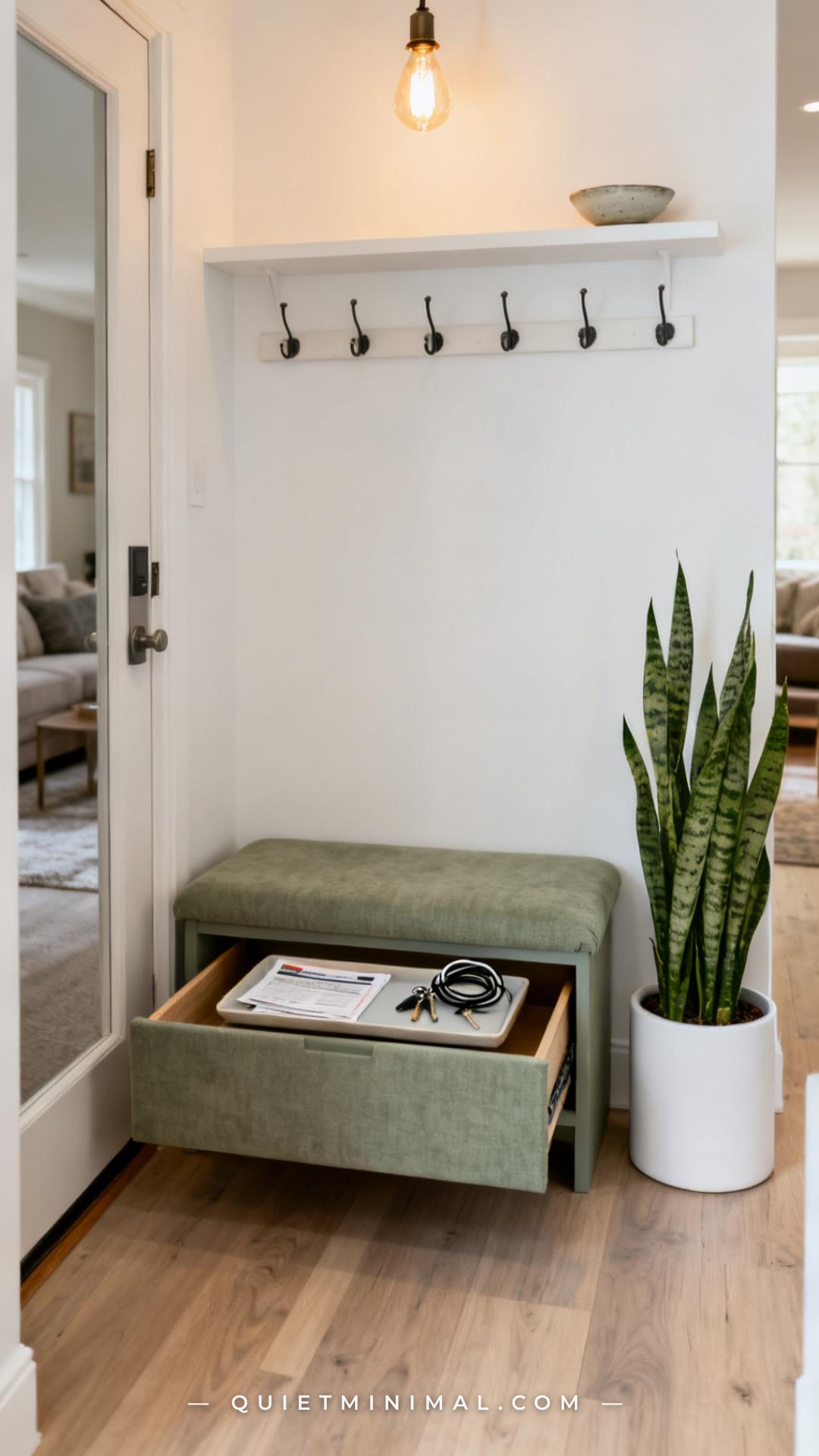 A vertical establishing shot of a small foyer showing a low upholstered bench in a dusty sage green fabric positioned be