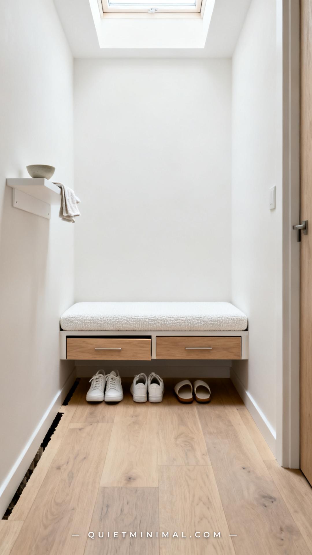 A medium-wide vertical photograph captures a narrow entryway with a wall-mounted floating bench installed at standard se