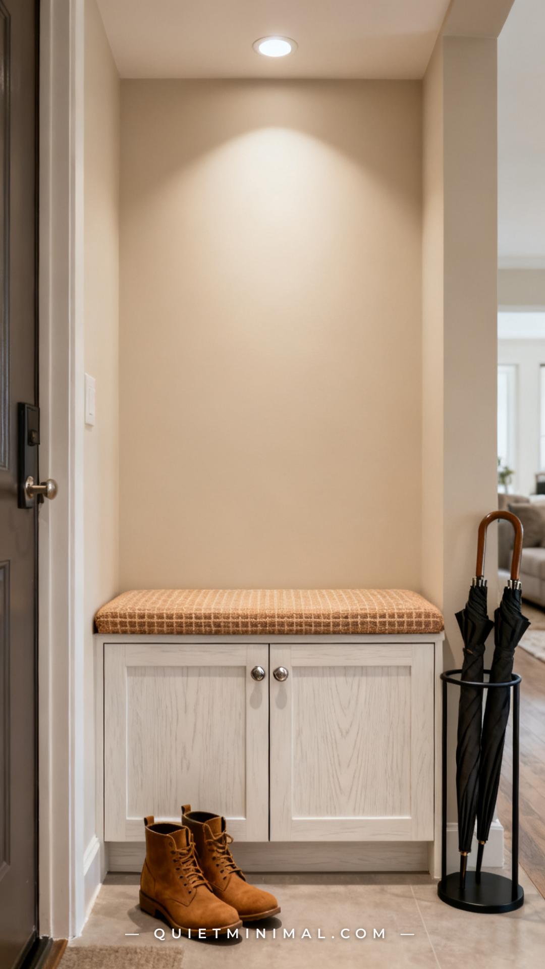 A wide vertical photograph of a compact entryway featuring a shoe storage bench with a closed two-door cabinet base
