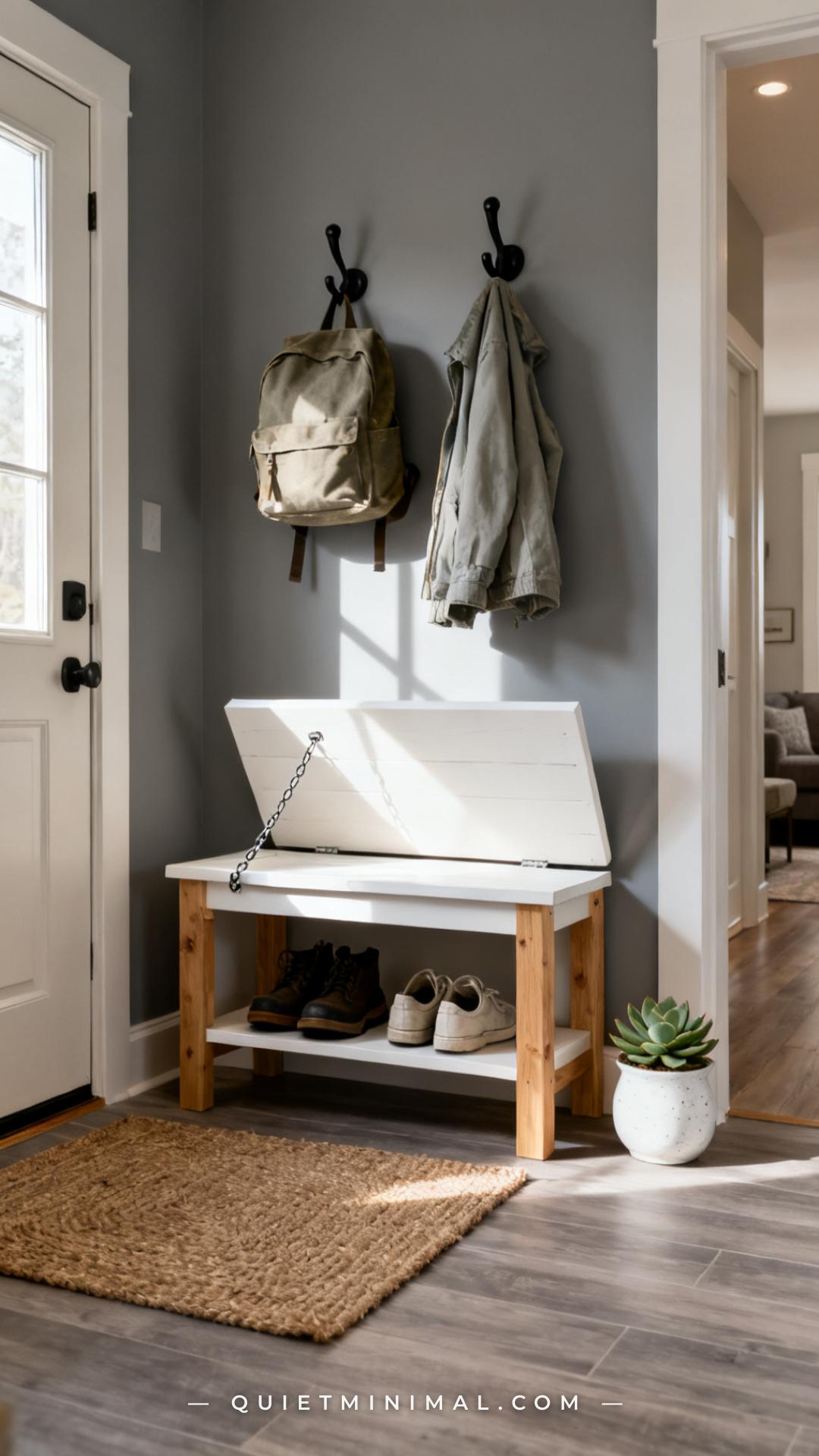 A vertical photograph shows a small entryway with an affordable pine-frame storage bench in a white painted finish posit