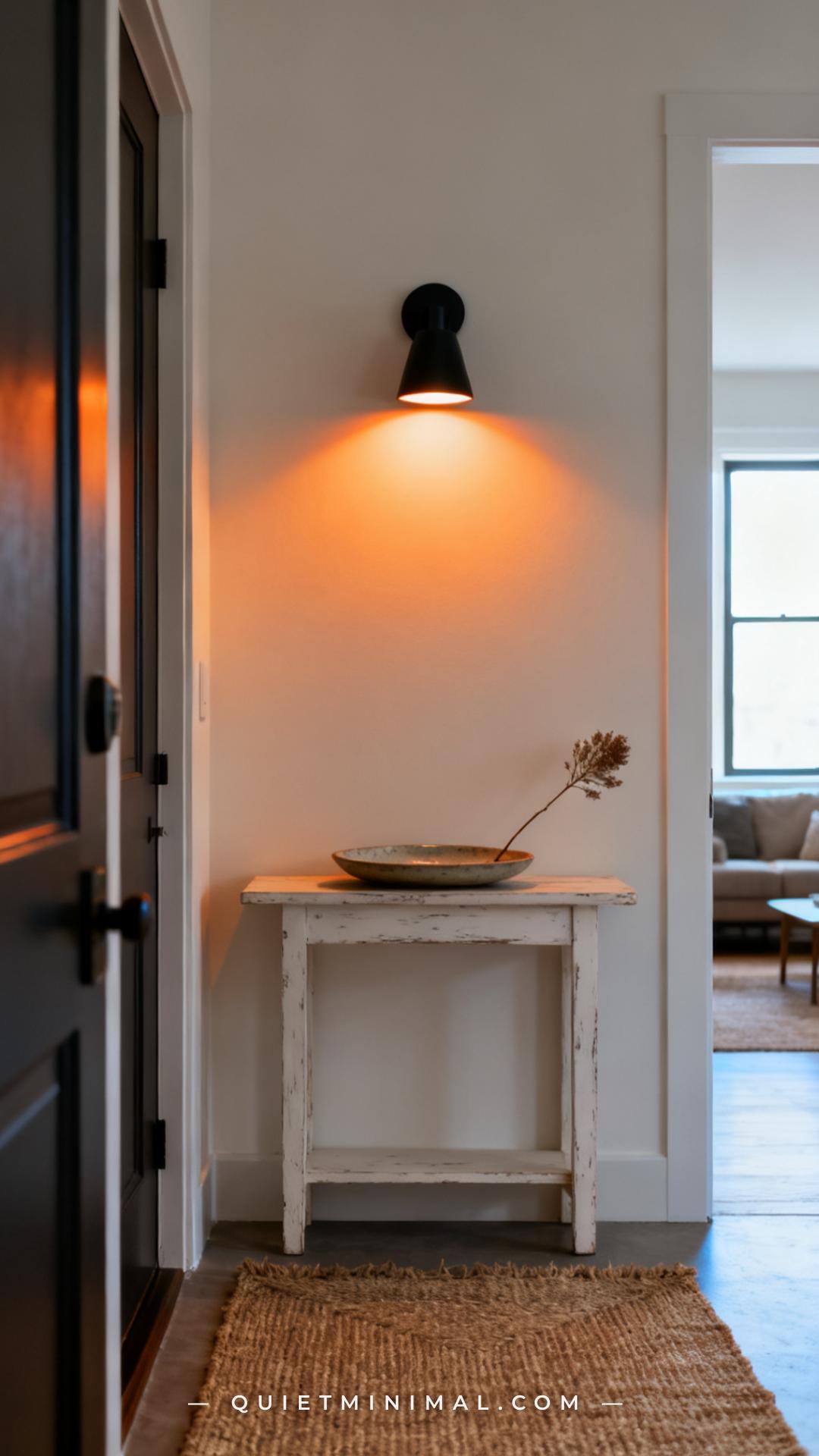 A vertical photograph of a narrow apartment wall section near the front door