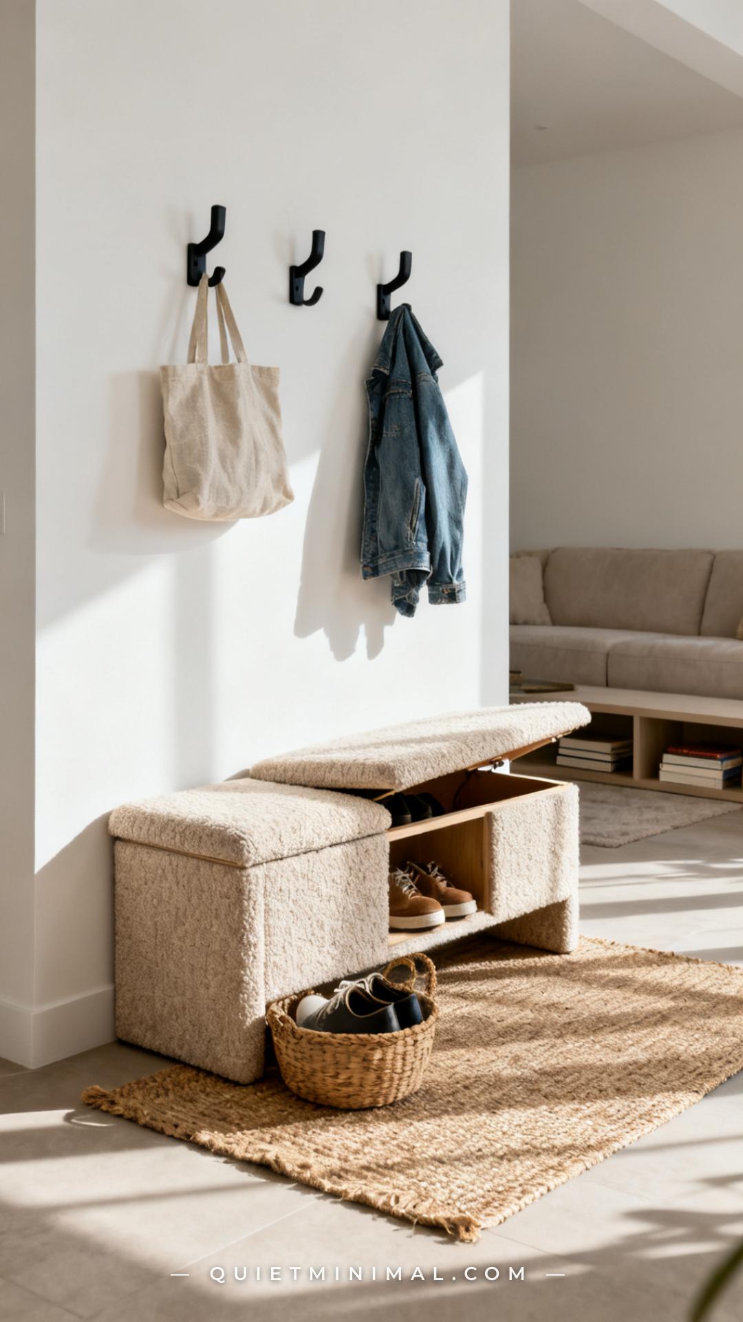 A vertical wide-angle photograph of an apartment entry zone showing a low upholstered bench in oatmeal boucle fabric pos