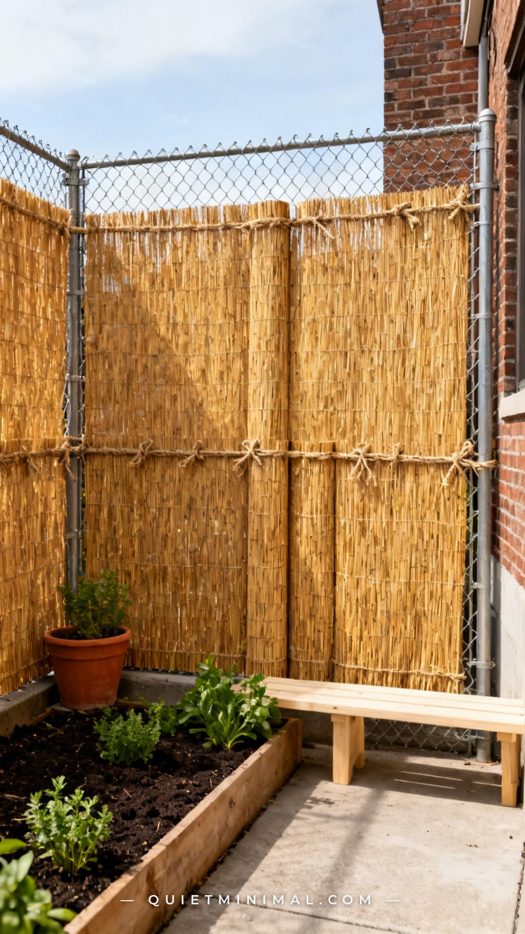 A wide establishing shot of a chain-link rental fence completely covered by natural reed roll panels