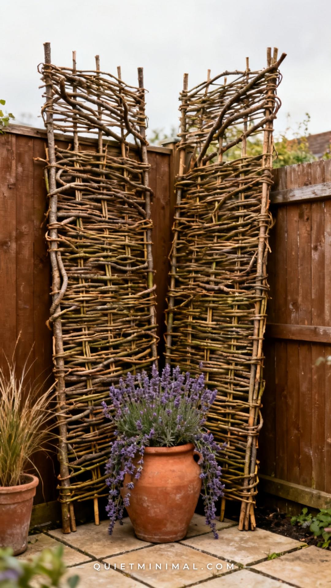 A wide vertical photograph of a rented backyard corner where two willow hurdle panels are leaned against an existing woo