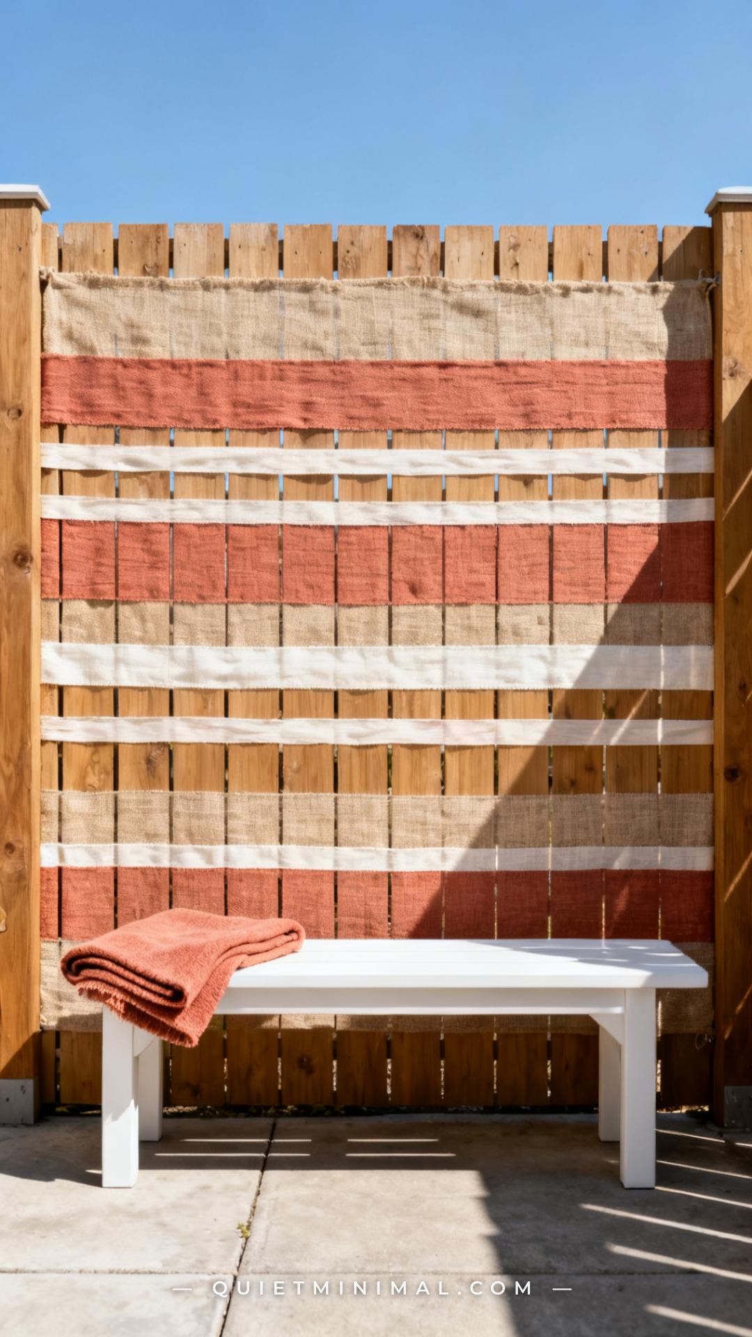 A wide vertical shot of a rented wooden slat fence woven with alternating horizontal strips of natural linen