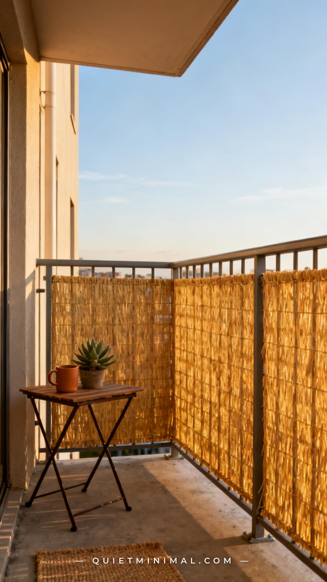 A wide vertical photograph shows a rented apartment balcony railing fitted with seagrass woven panel inserts slotted bet