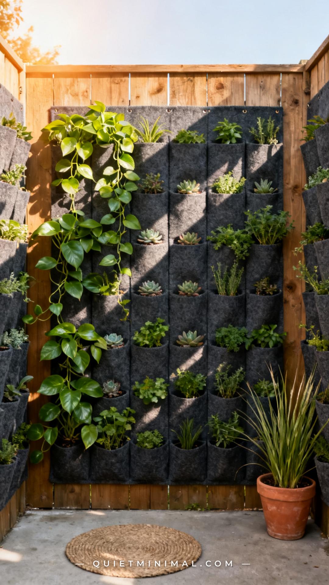 A wide establishing photograph of a rented wood fence covered in vertical felt pocket panels holding a dense collection