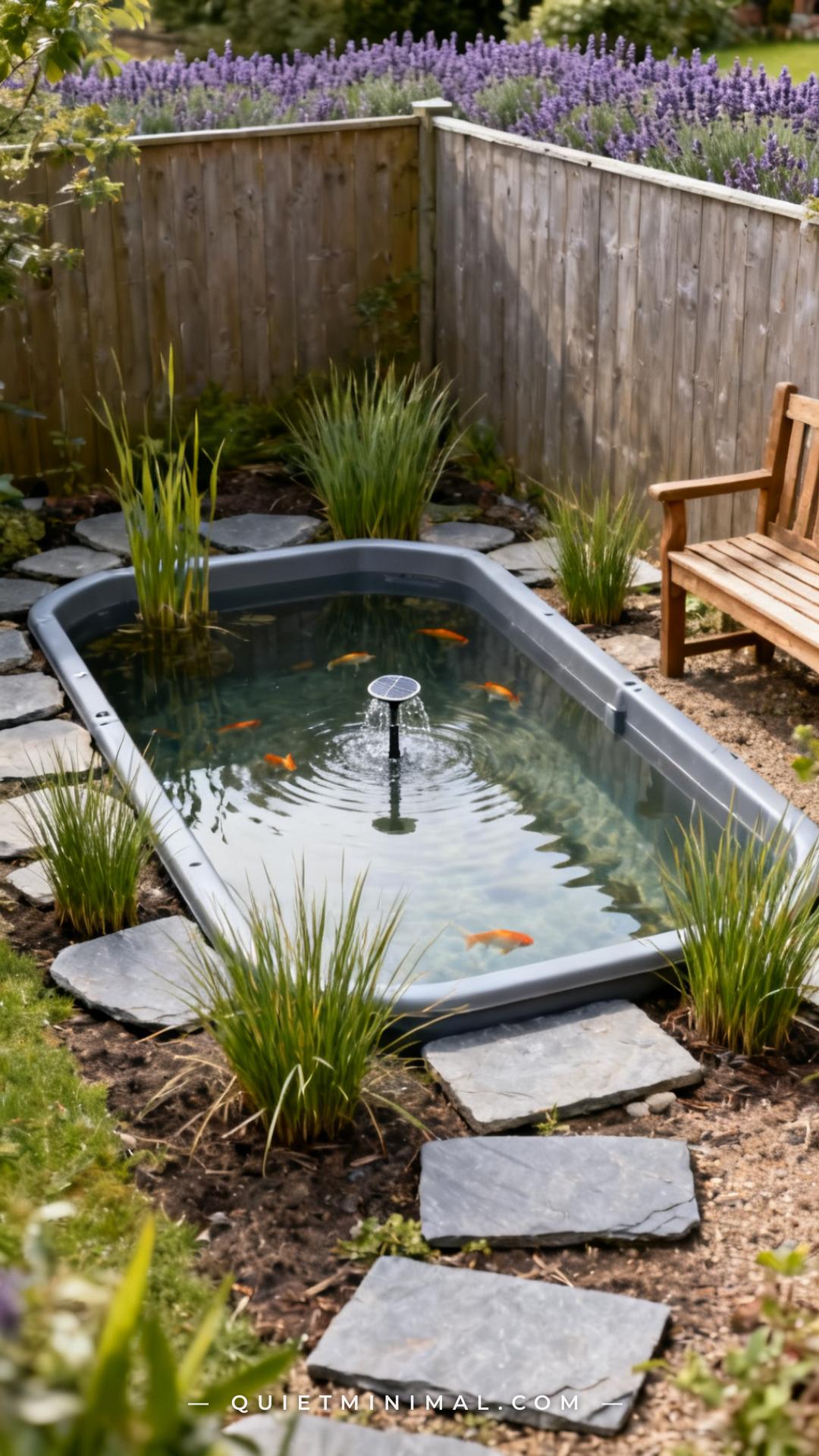 A wide establishing shot of a compact backyard garden corner showing a preformed rigid plastic pond liner set into level