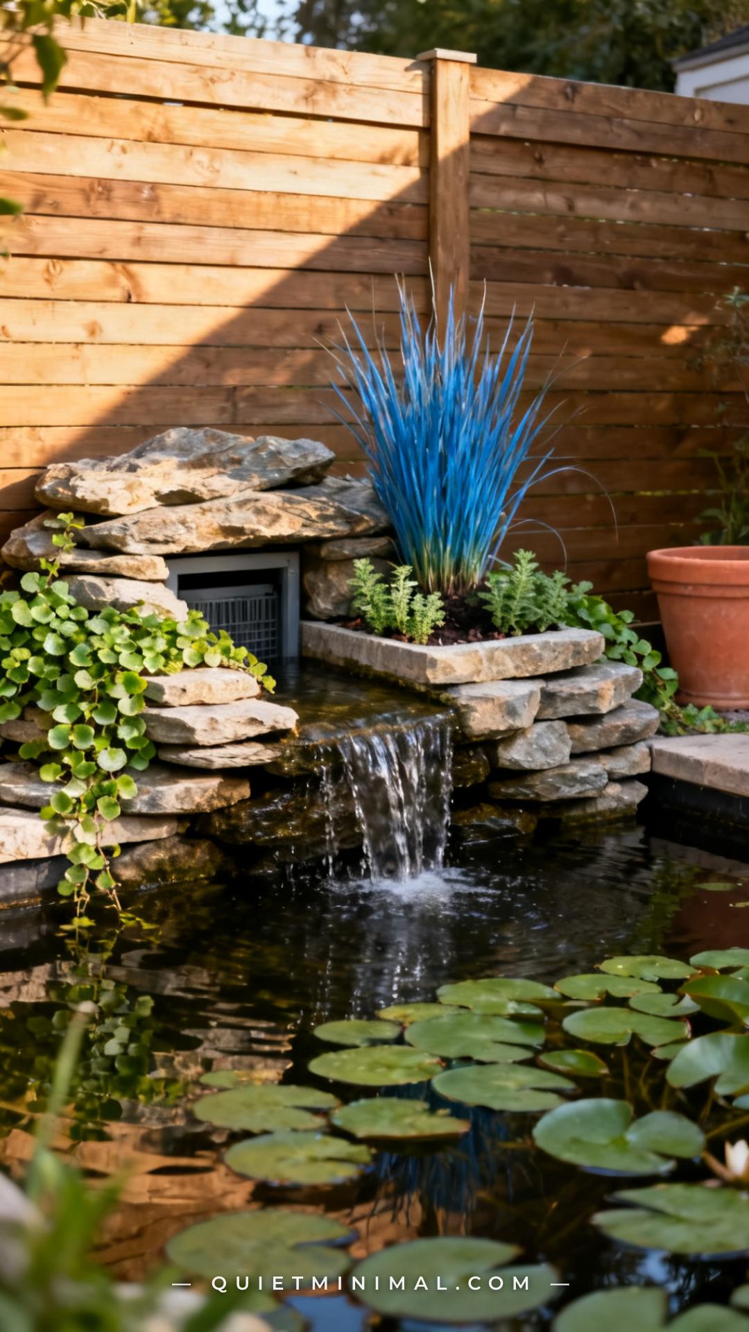 A wide vertical photograph shows the edge of a backyard fish pond where a low waterfall feature built from stacked flat
