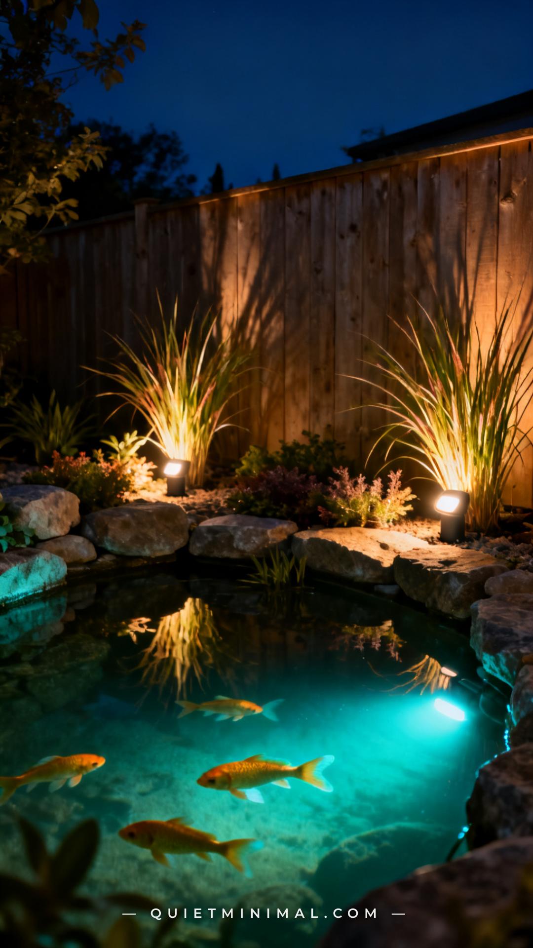 A wide-angle nighttime photograph captures a small backyard garden pond lit by submerged LED lights that cast a soft aqu
