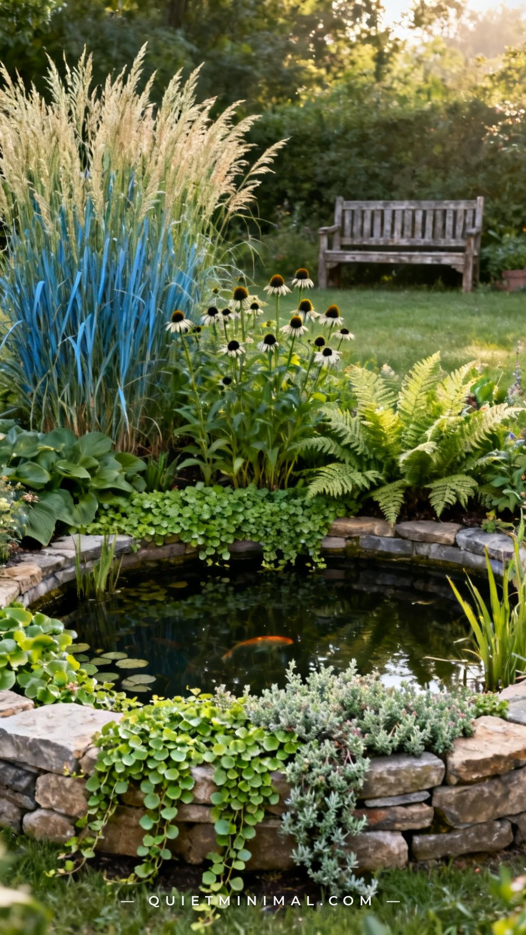 A vertical establishing shot captures the full environment surrounding a small backyard fish pond