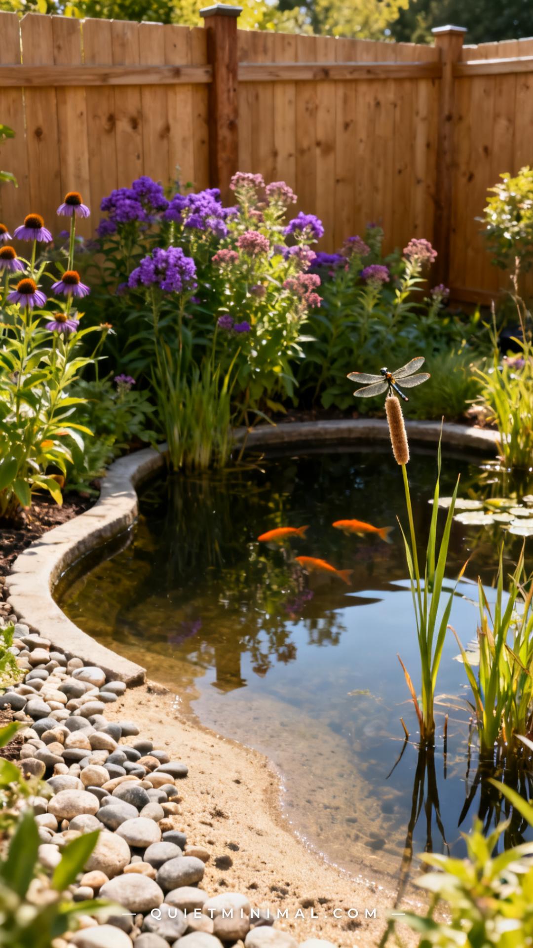 A wide establishing shot of a naturalistic backyard wildlife pond in a sunny yard corner