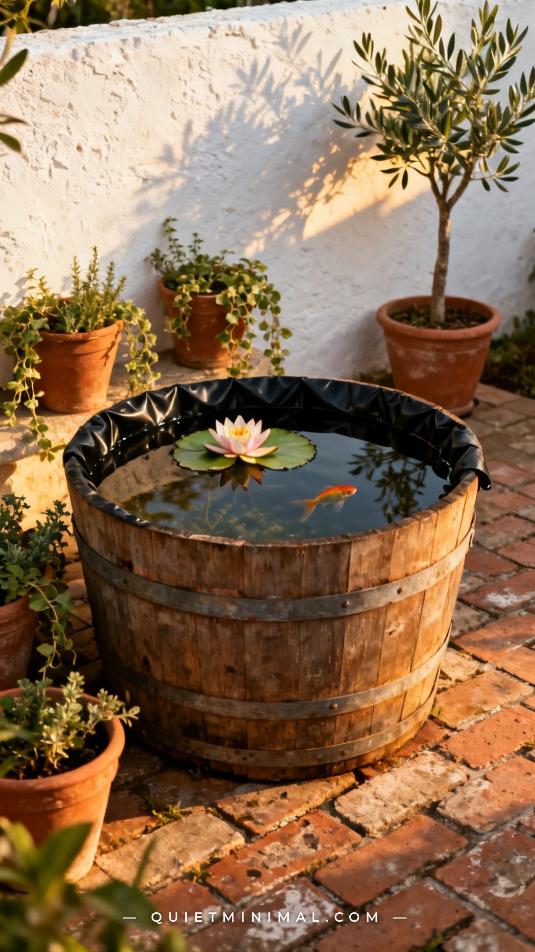 A medium-wide photograph shows a charming patio corner where a large half-barrel wooden planter converted into a contain