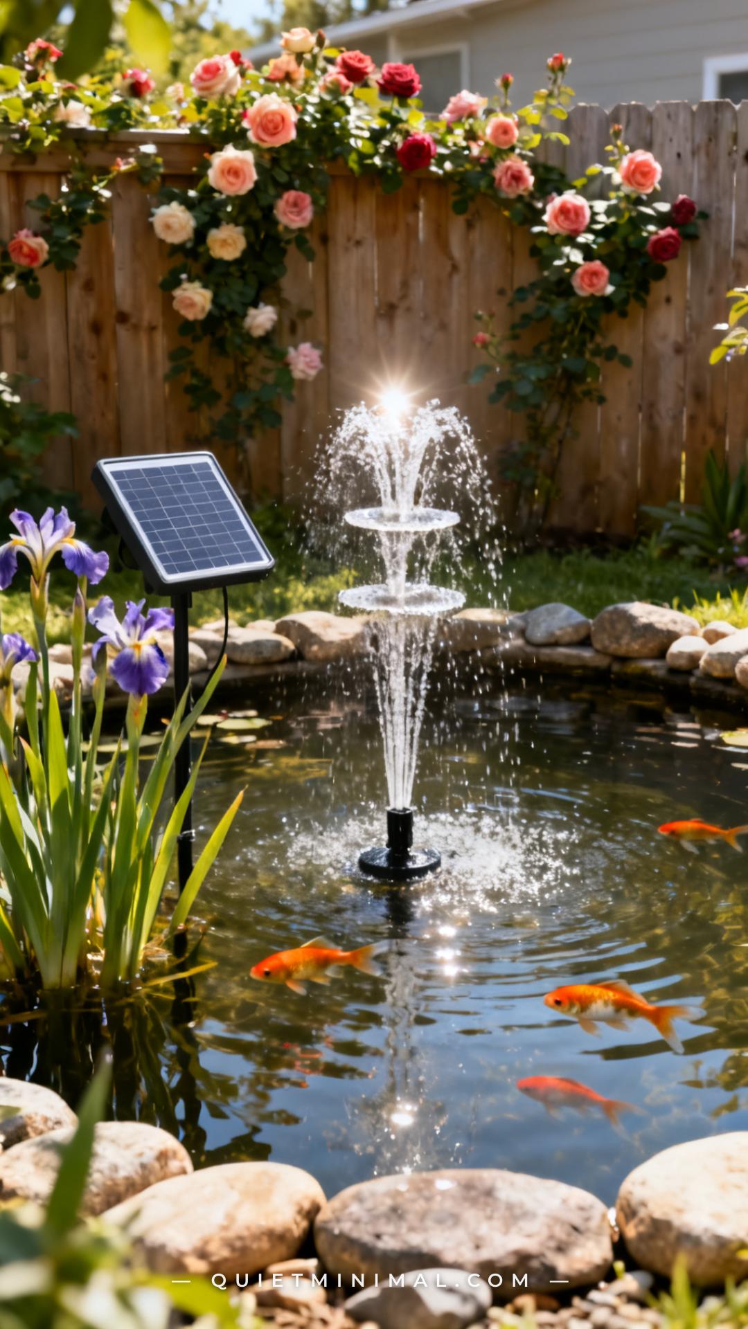 An establishing shot of a small backyard water garden viewed from slightly above