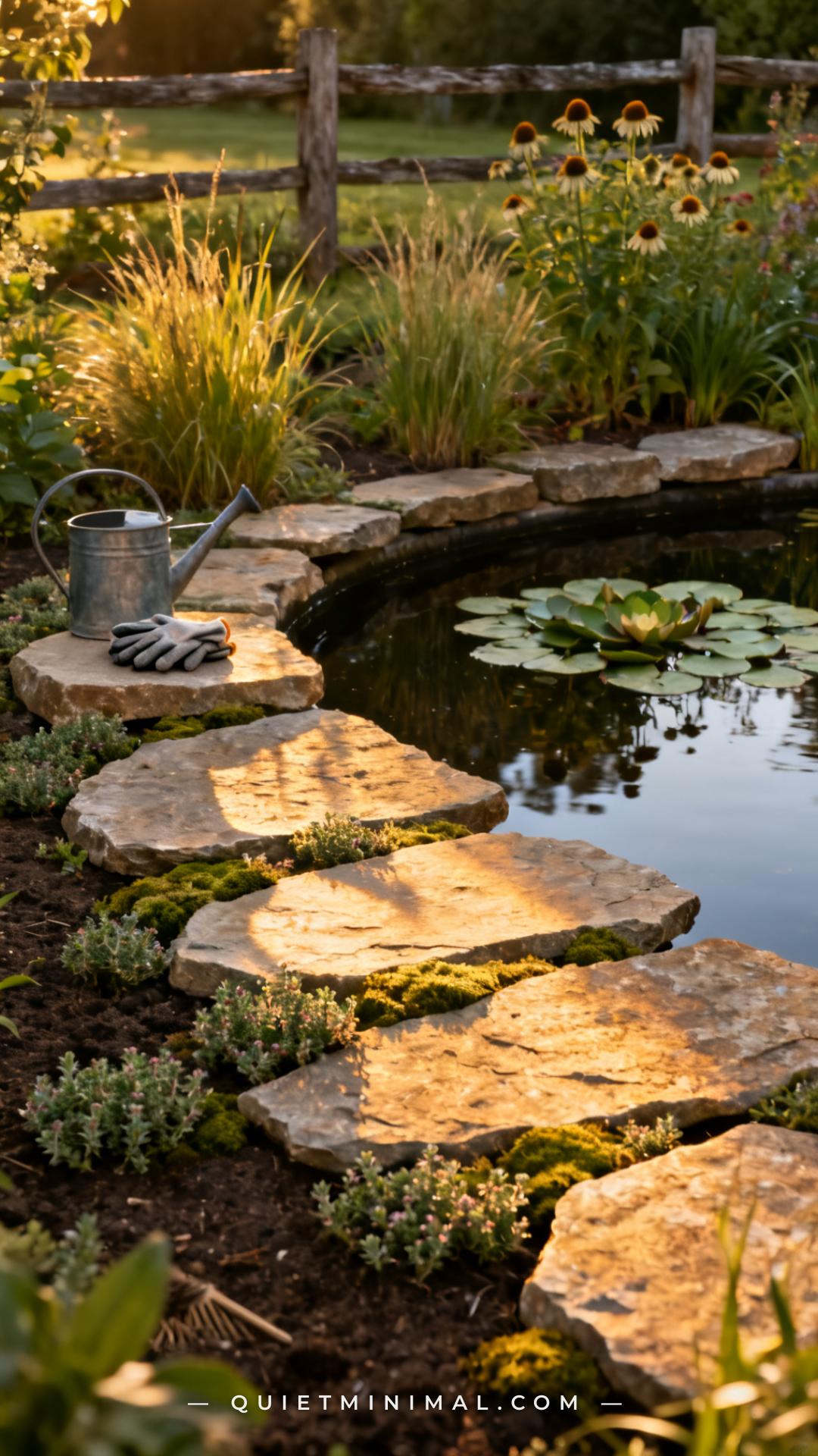 A wide-angle vertical photograph shows a naturalistic backyard pond edge where large irregular flagstone slabs are laid