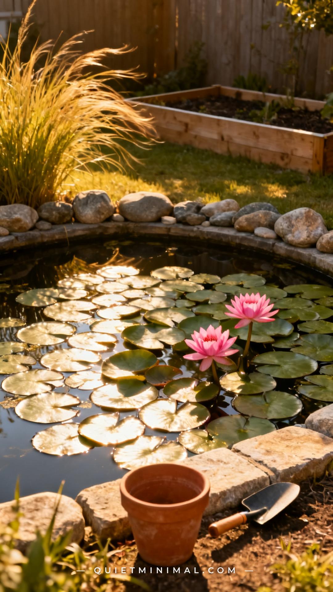 An establishing wide shot of a backyard garden pond showing a large portion of the pond surface covered with the round f