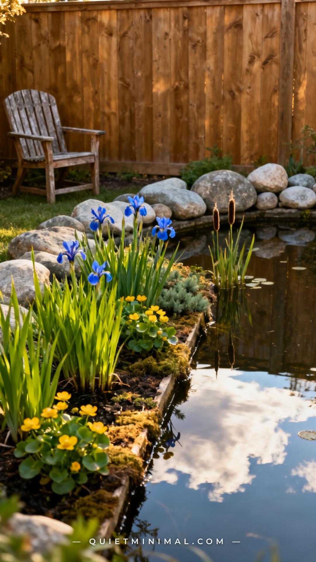 A wide photograph establishes the full side of a backyard garden pond where a deliberately shallow bog planting zone has