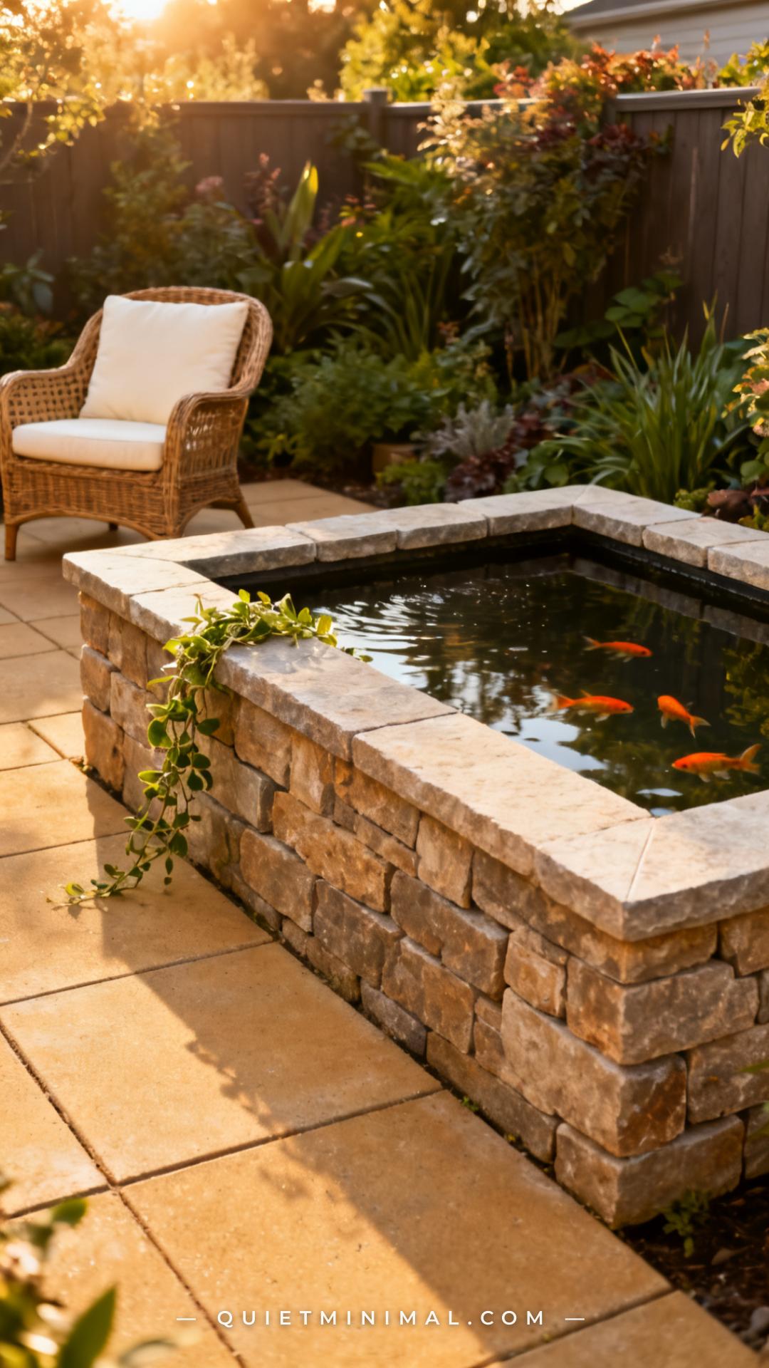 A medium-wide vertical photograph establishes a raised rectangular pond built from stacked natural stone blocks in a sun