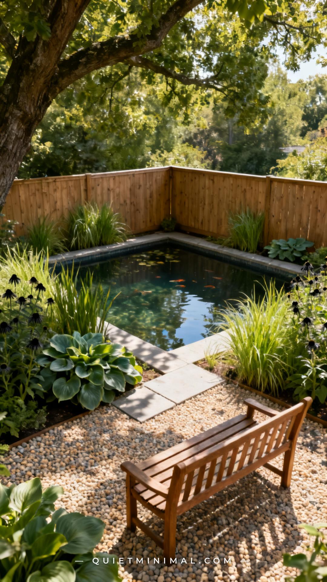 A wide establishing shot of a backyard yard corner shows a small in-ground fish pond positioned in the far corner where