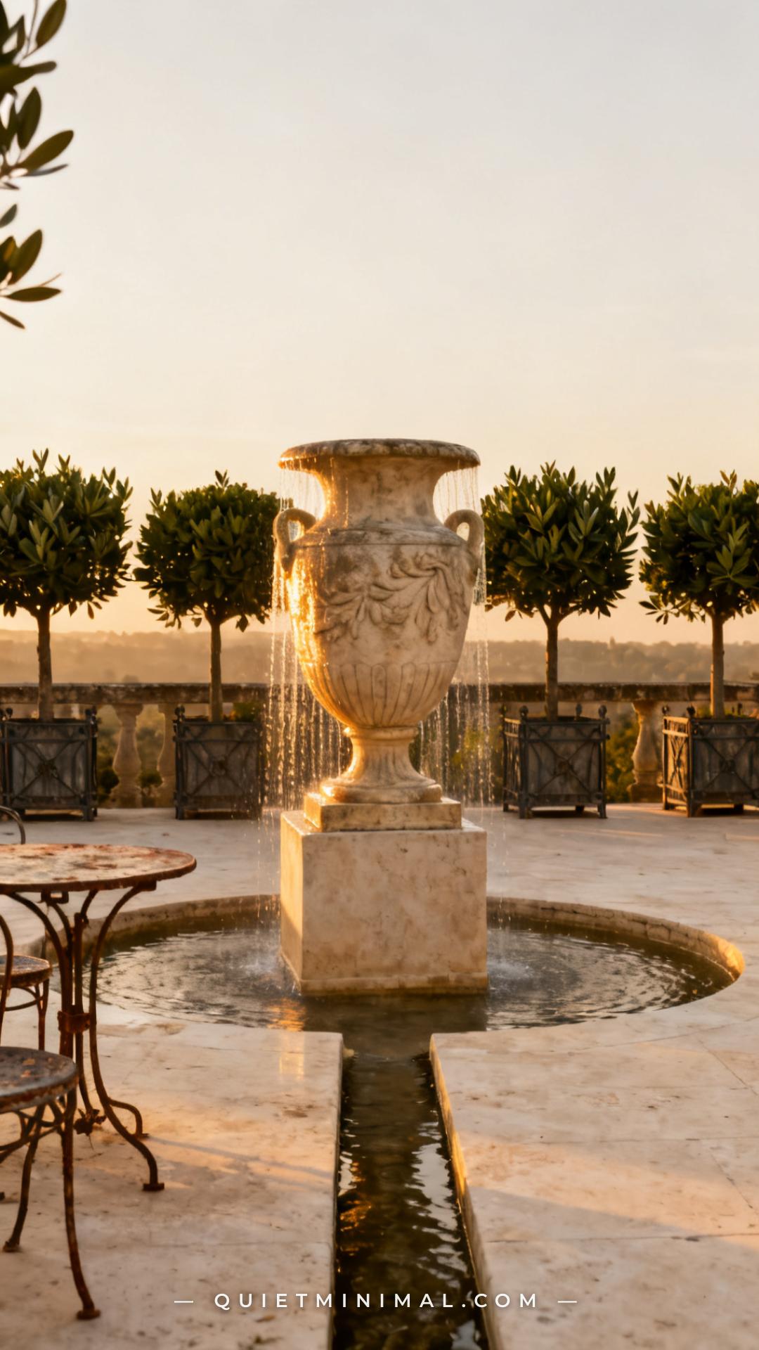 A wide establishing shot of a French garden terrace featuring a large classical urn fountain mounted on a low square sto