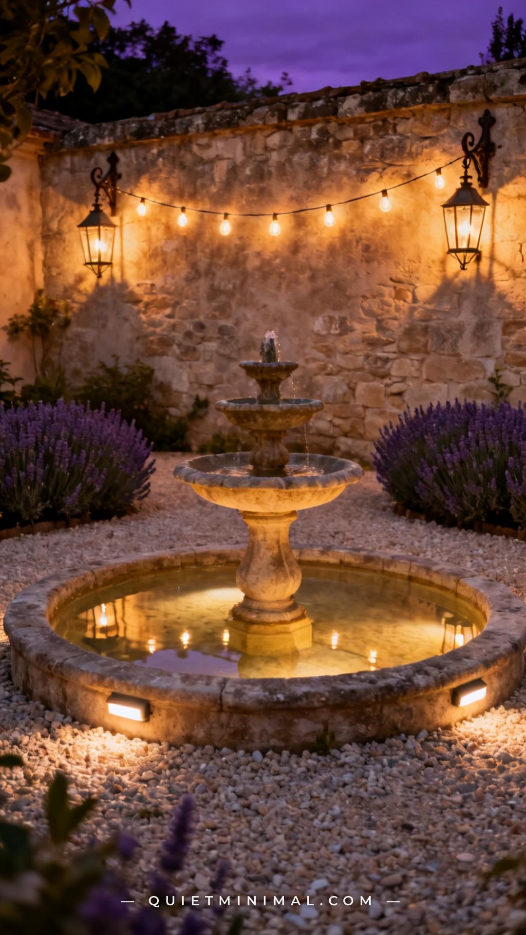 A wide evening photograph of a French courtyard garden with a tiered stone fountain as the centerpiece