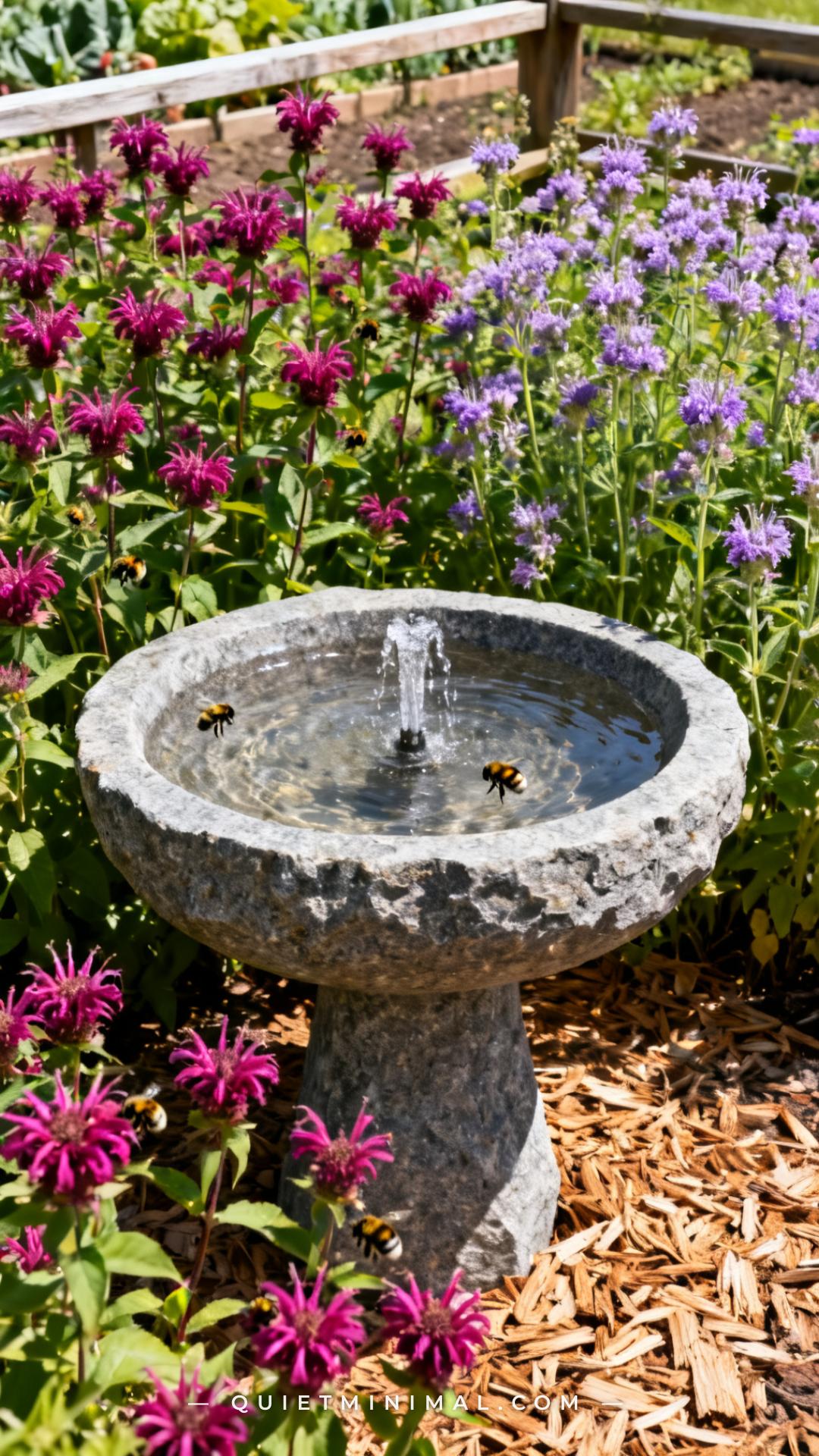 A vertical photograph of a sunny garden bed with a wide