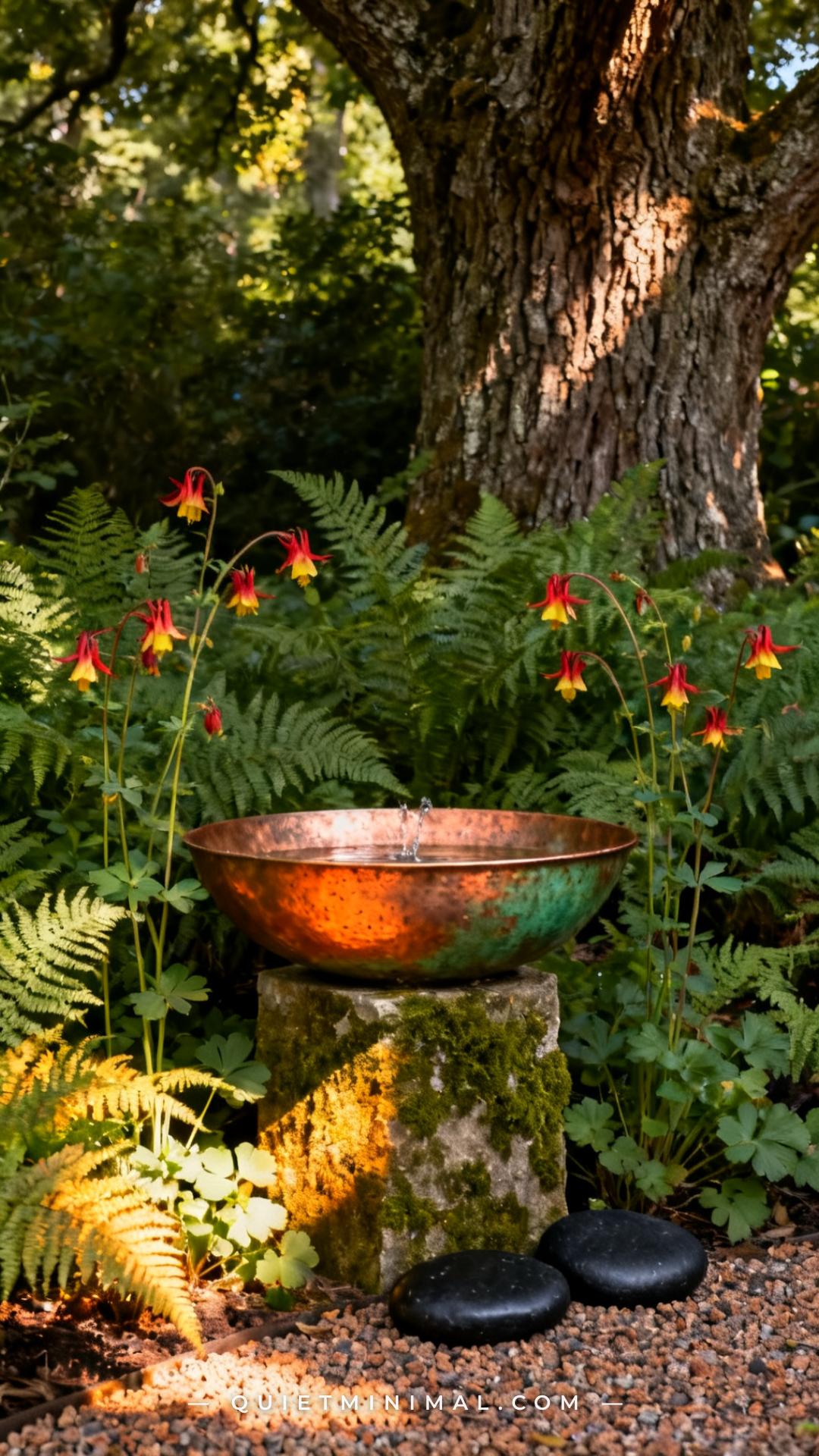 A medium-wide vertical photograph of a shaded woodland edge garden with a hammered copper bowl fountain placed on a low