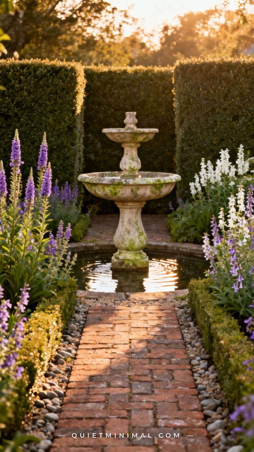 A wide vertical photograph of a structured backyard garden with a two-tier cast stone fountain as the central focal poin