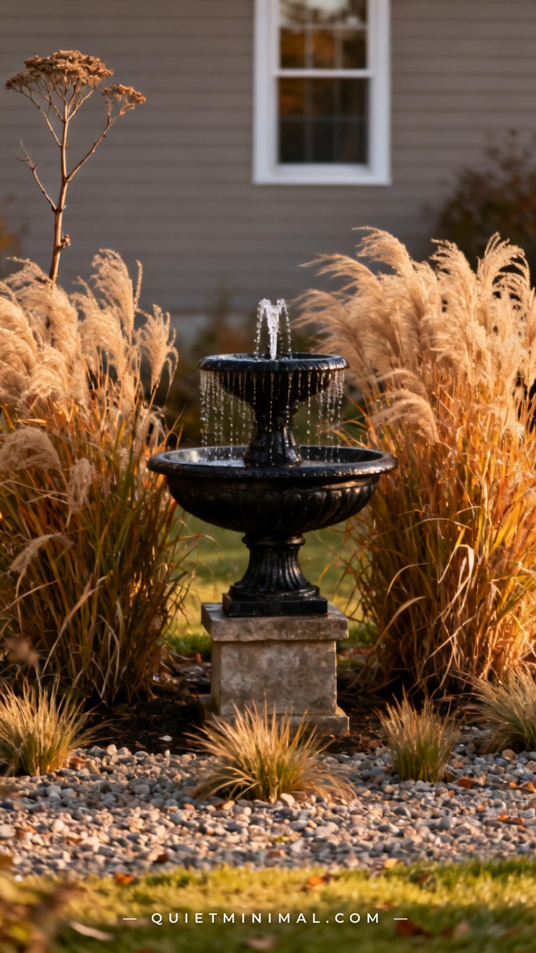 A wide vertical photograph of a backyard garden design centered on a cast iron urn fountain elevated on a short stone pl