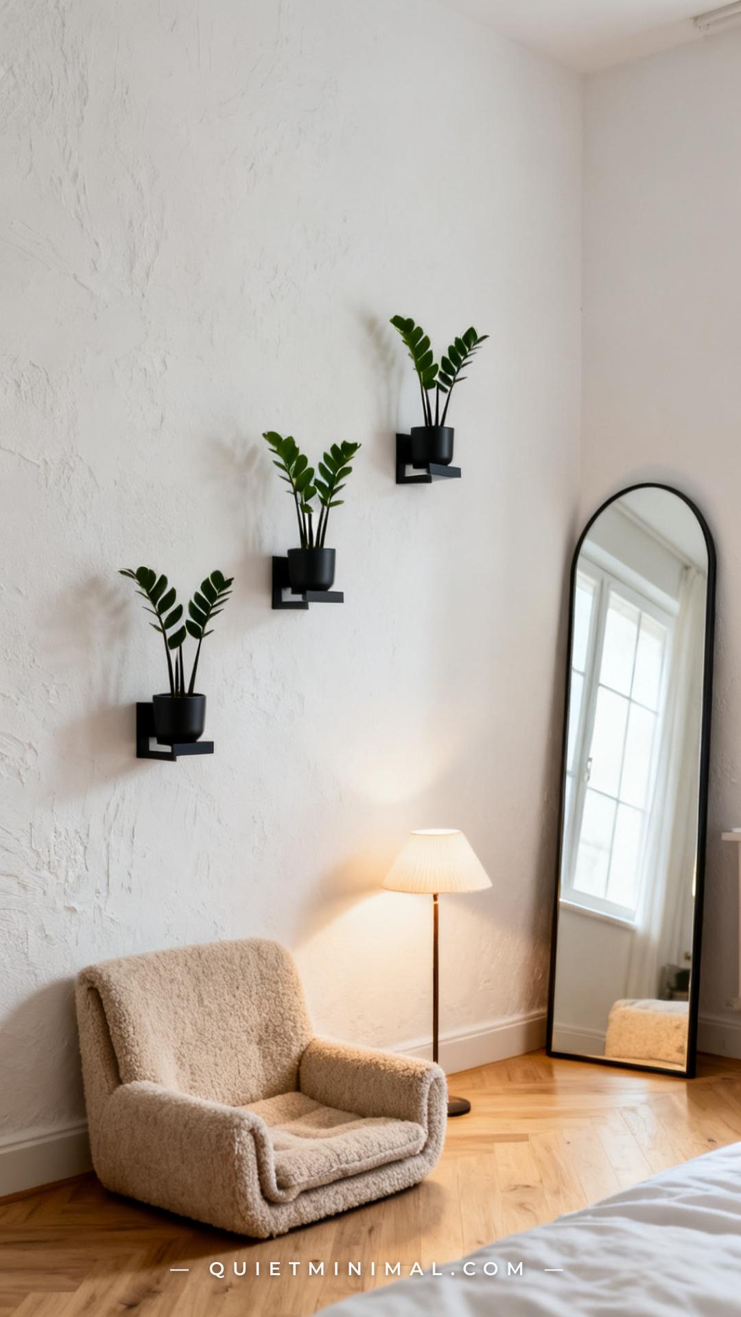 A vertical photograph captures a wide bedroom wall showing a gallery-style arrangement of three small matte black wall-m