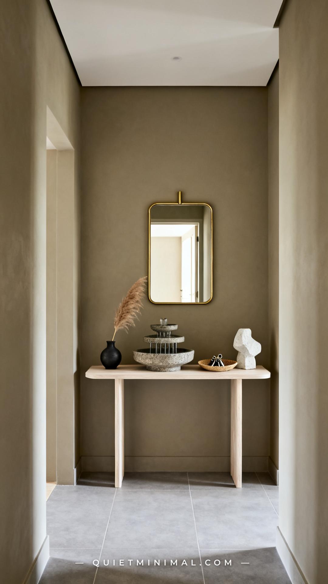A wide-angle view of a minimal entryway hallway showing a slender white oak console table against a warm greige wall