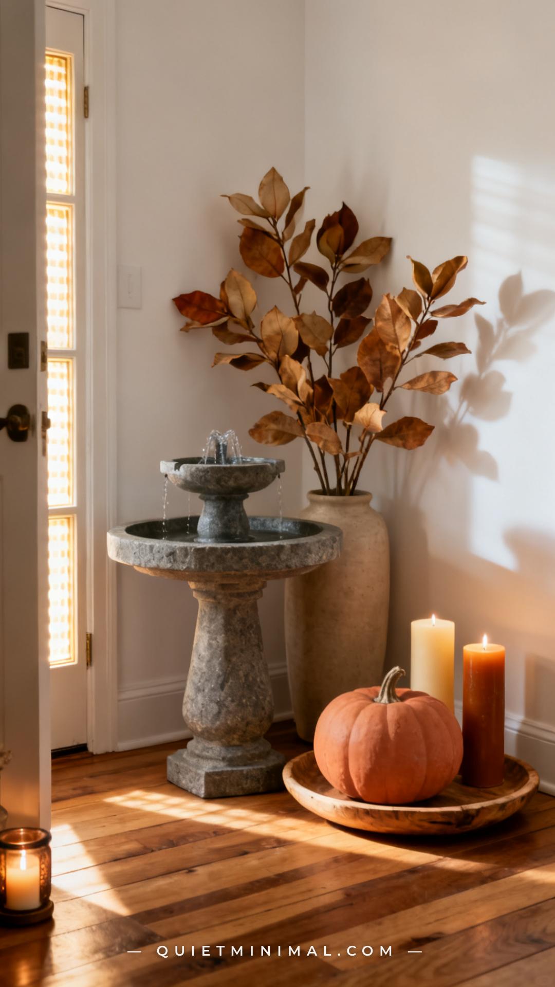 A vertical photograph captures a console table fountain vignette styled for autumn — the fountain itself is a slate two-