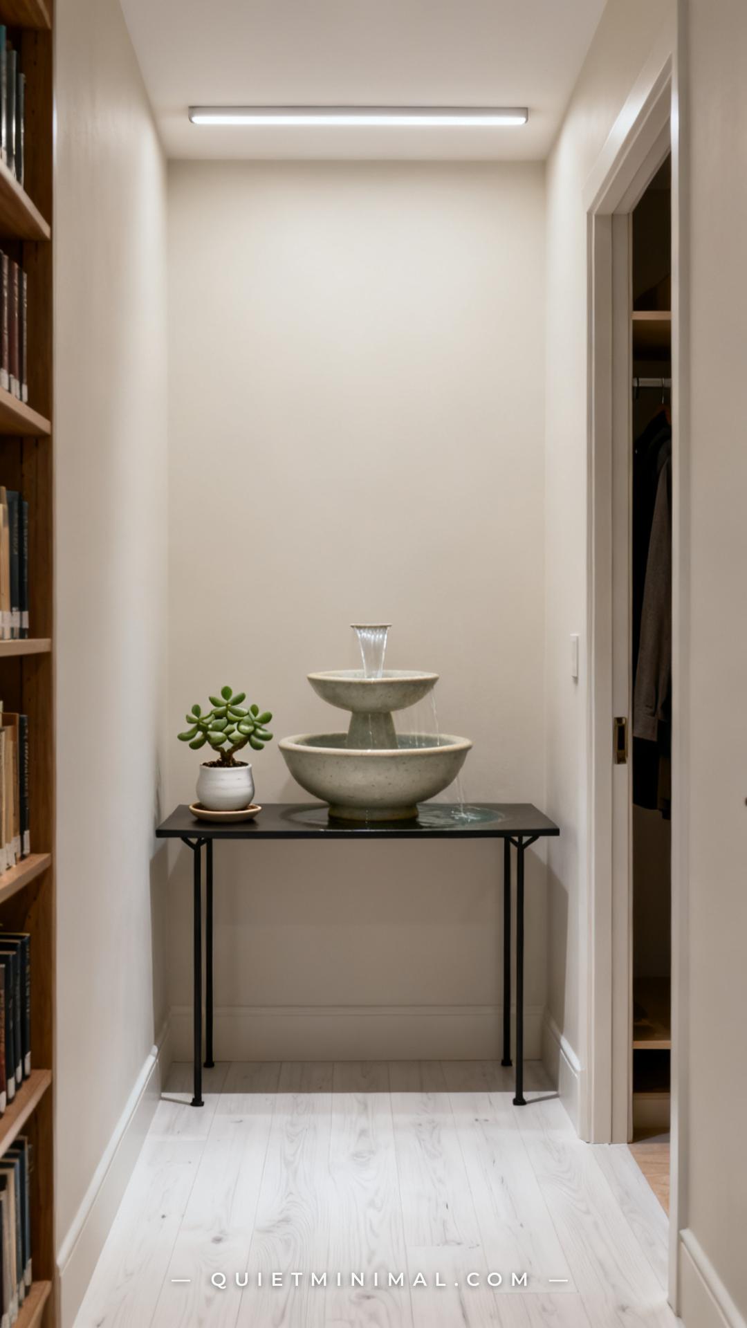A wide establishing shot of a serene hallway entryway