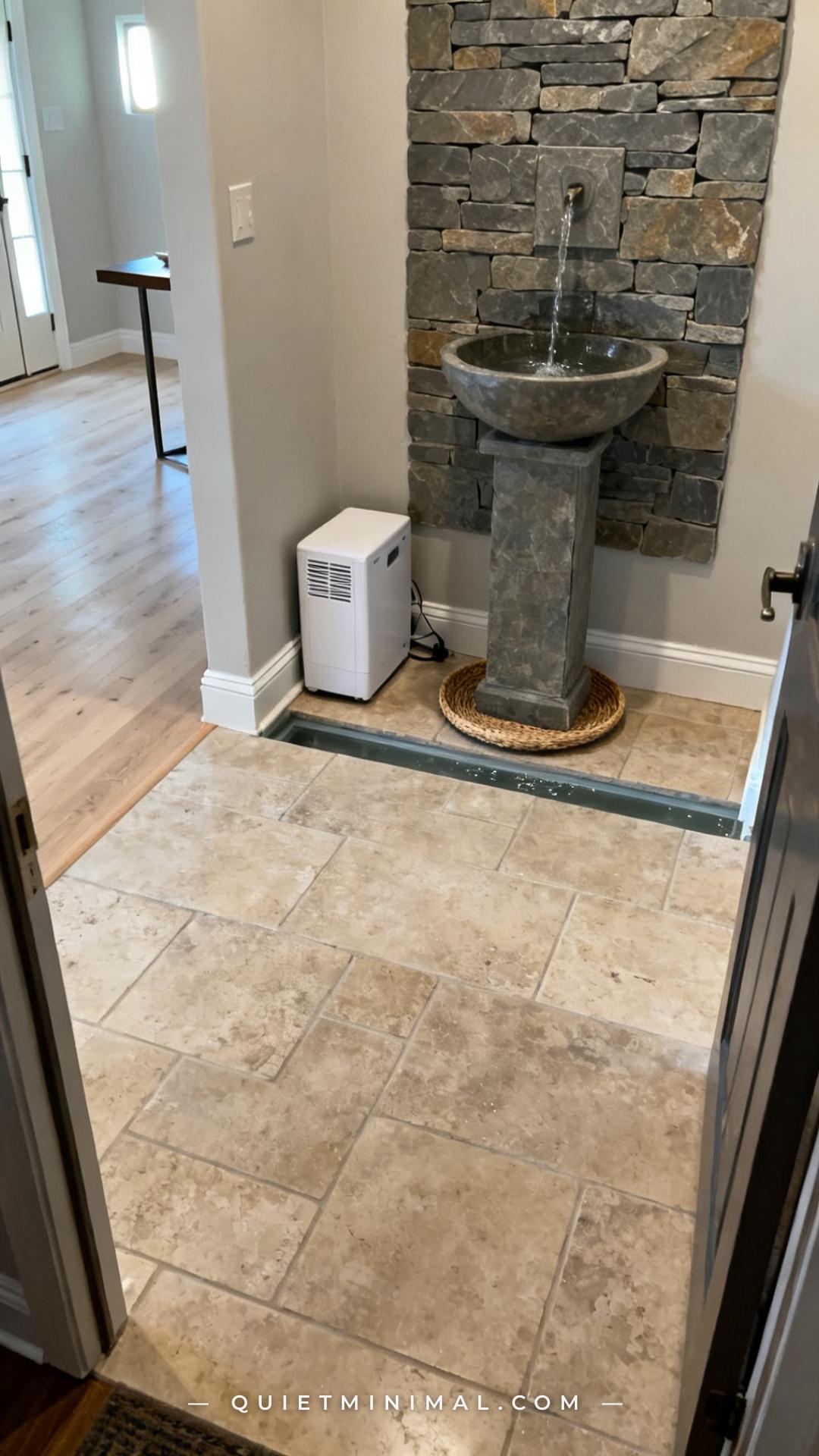 An establishing shot of a well-organized entryway showing a slate wall fountain installed above a wide limestone tile fl