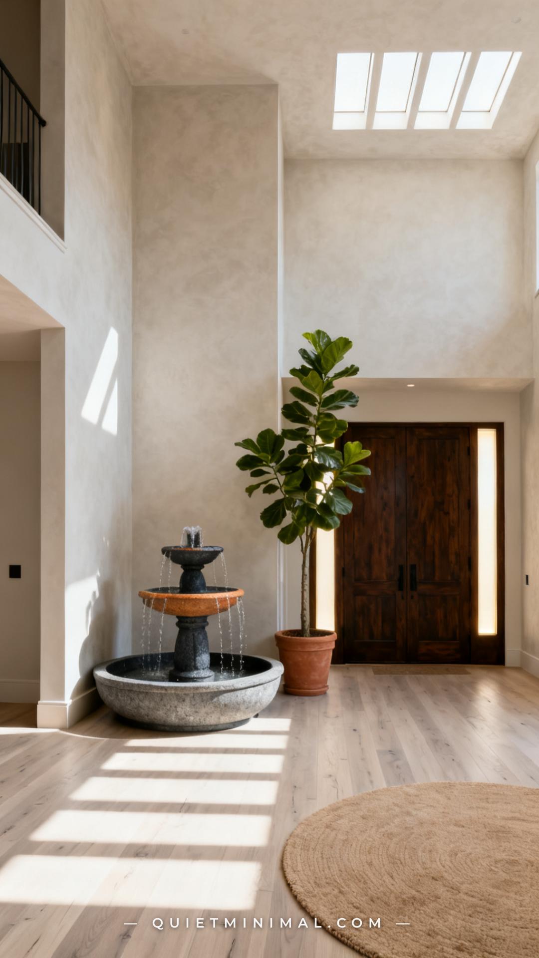 A vertical photograph captures a grand double-height foyer with a pale plaster ceiling