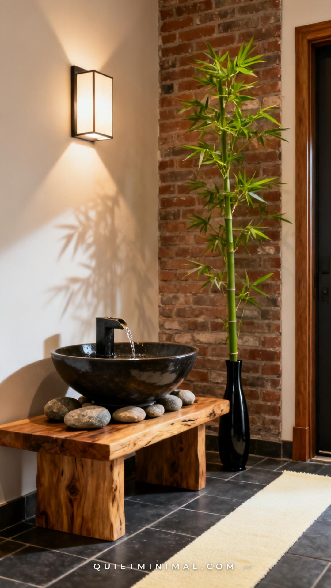 A medium-wide composition showing a low Japanese-inspired entryway vignette